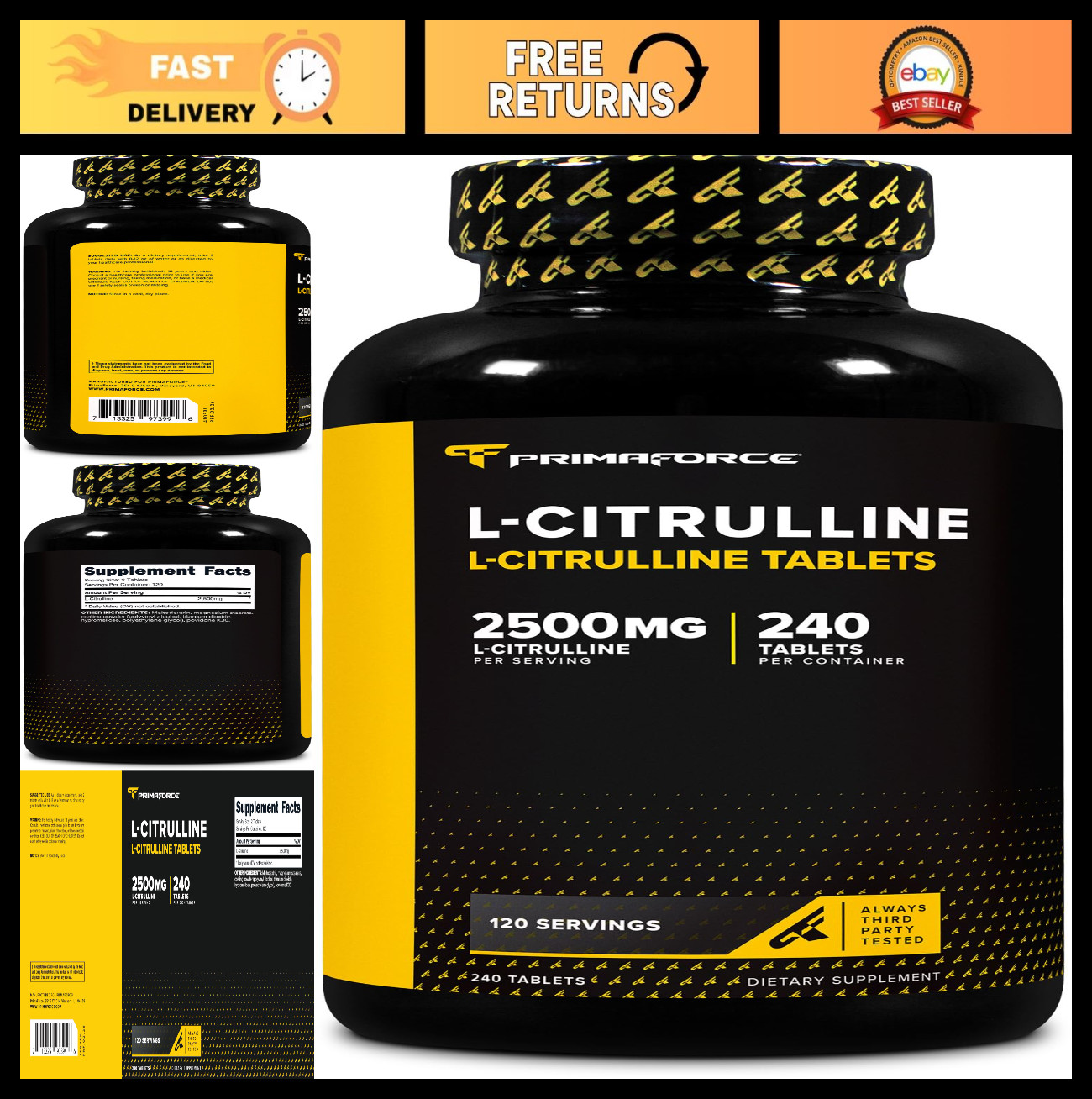 L-Citrulline 2500mg – 240 Tablets, 120 Servings – Boost Energy & Performance