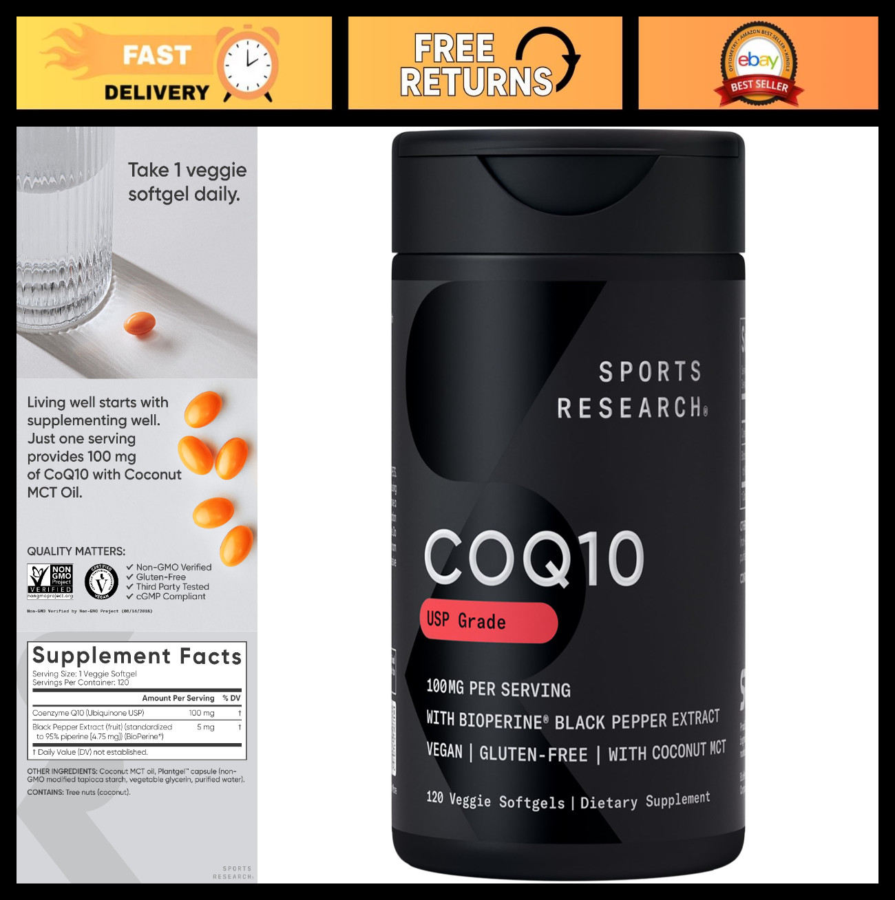 CoQ10 100mg with Coconut Oil & Bioperine for Enhanced Absorption | Vegan, Non-GM