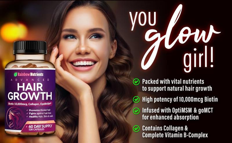 Hair Growth Vitamins – Biotin 10000mcg + Collagen – Supports Hair & Skin – 60ct