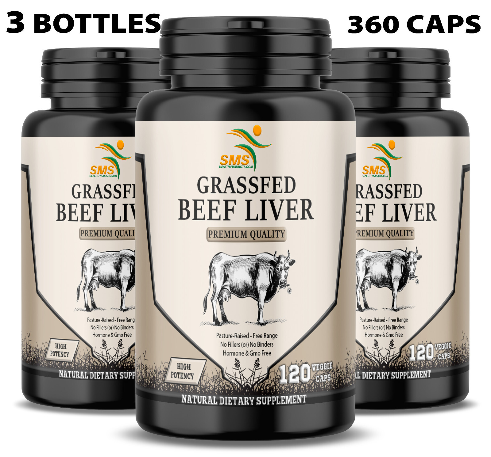 Desiccated Beef Liver Capsules, 100% Grass Fed Undefatted (3 Pack) 360 Capsules