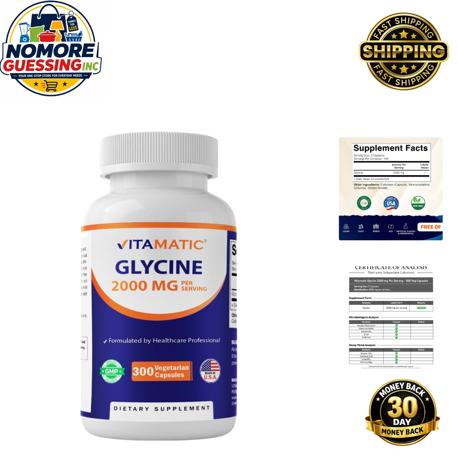 High-Potency Glycine 2000mg – 300 Non-GMO, Gluten-Free Capsules for Adults