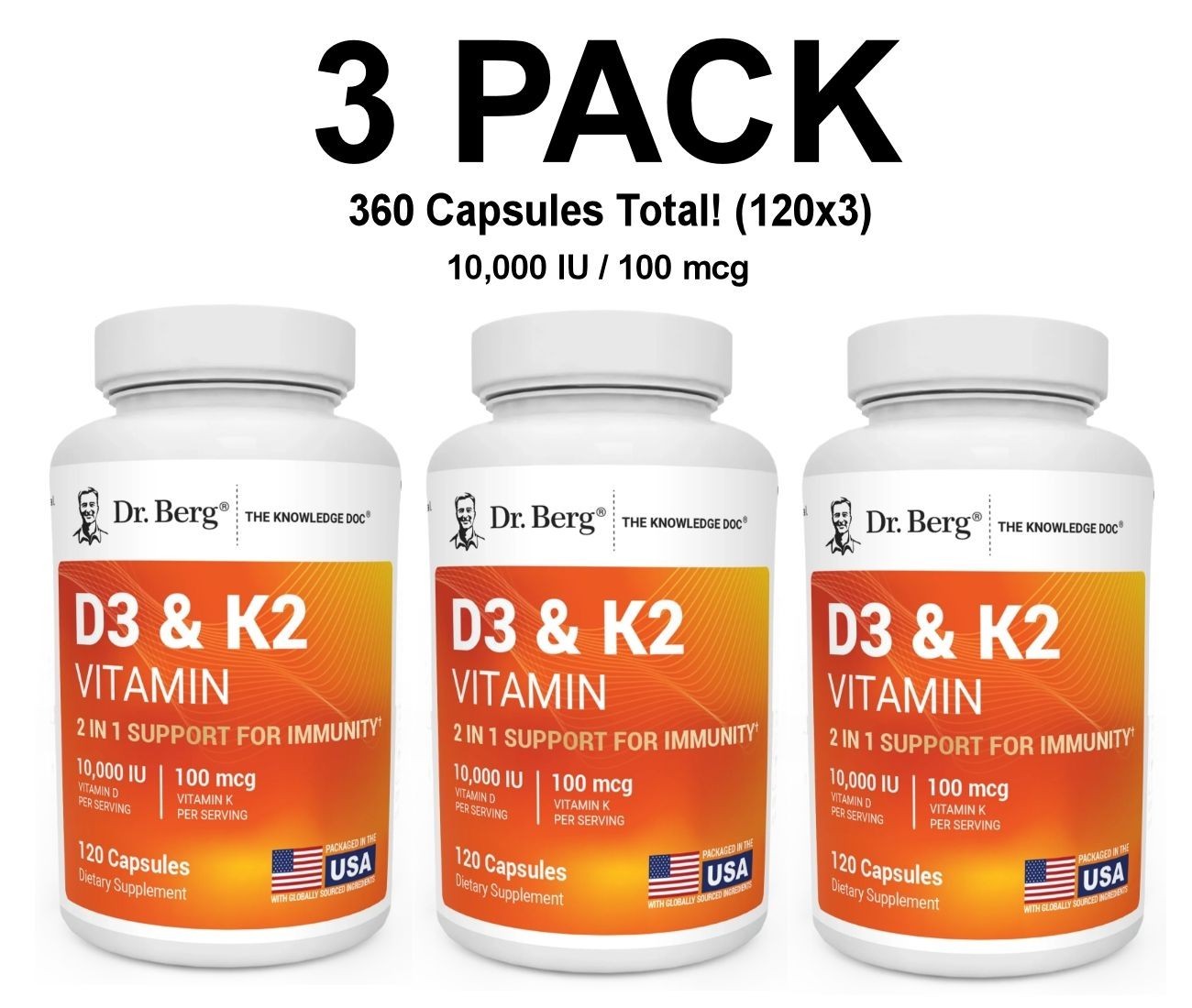 Dr. Berg’s D3 & K2 Vitamin, 3 PACK, 10,000 IU, 100 mcg per serving, 120 Capsules