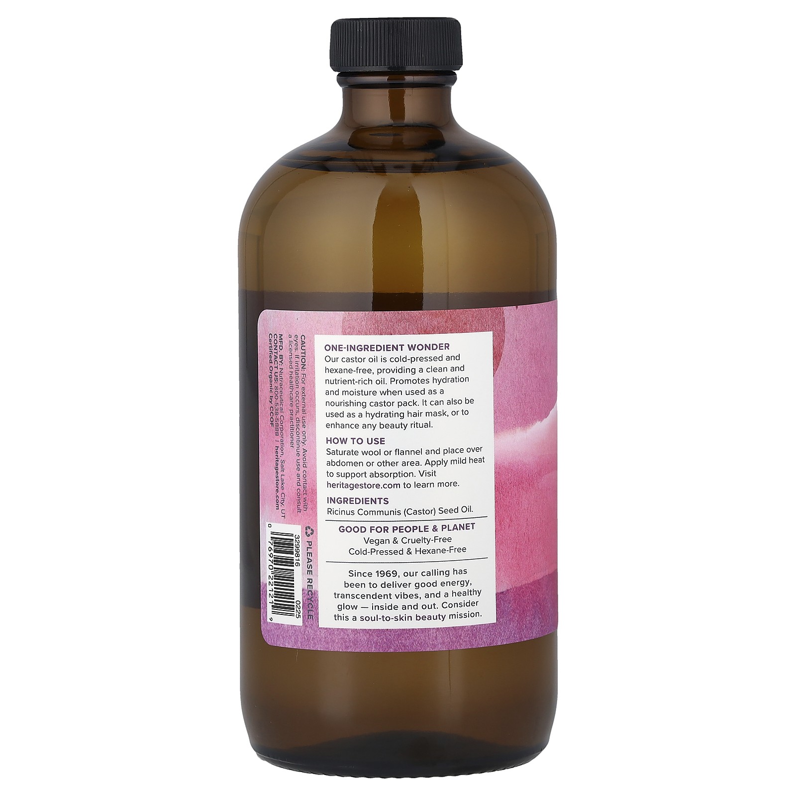 Heritage Store Organic Castor Oil 16 fl oz 480 ml Cruelty-Free, EcoFriendly,
