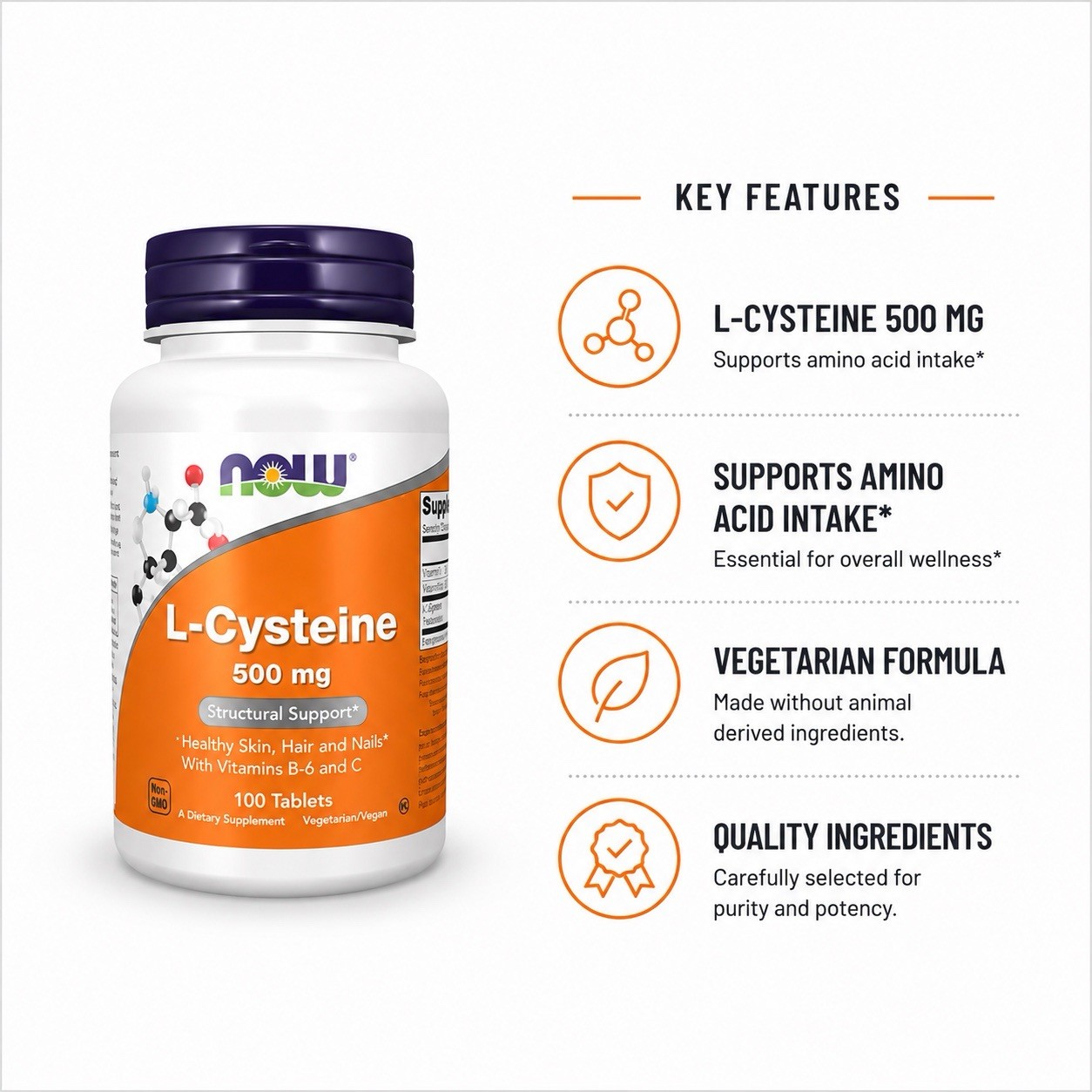 NOW L-Cysteine 500mg 100 Tablets Hair Skin Nails Antioxidant Detox Support