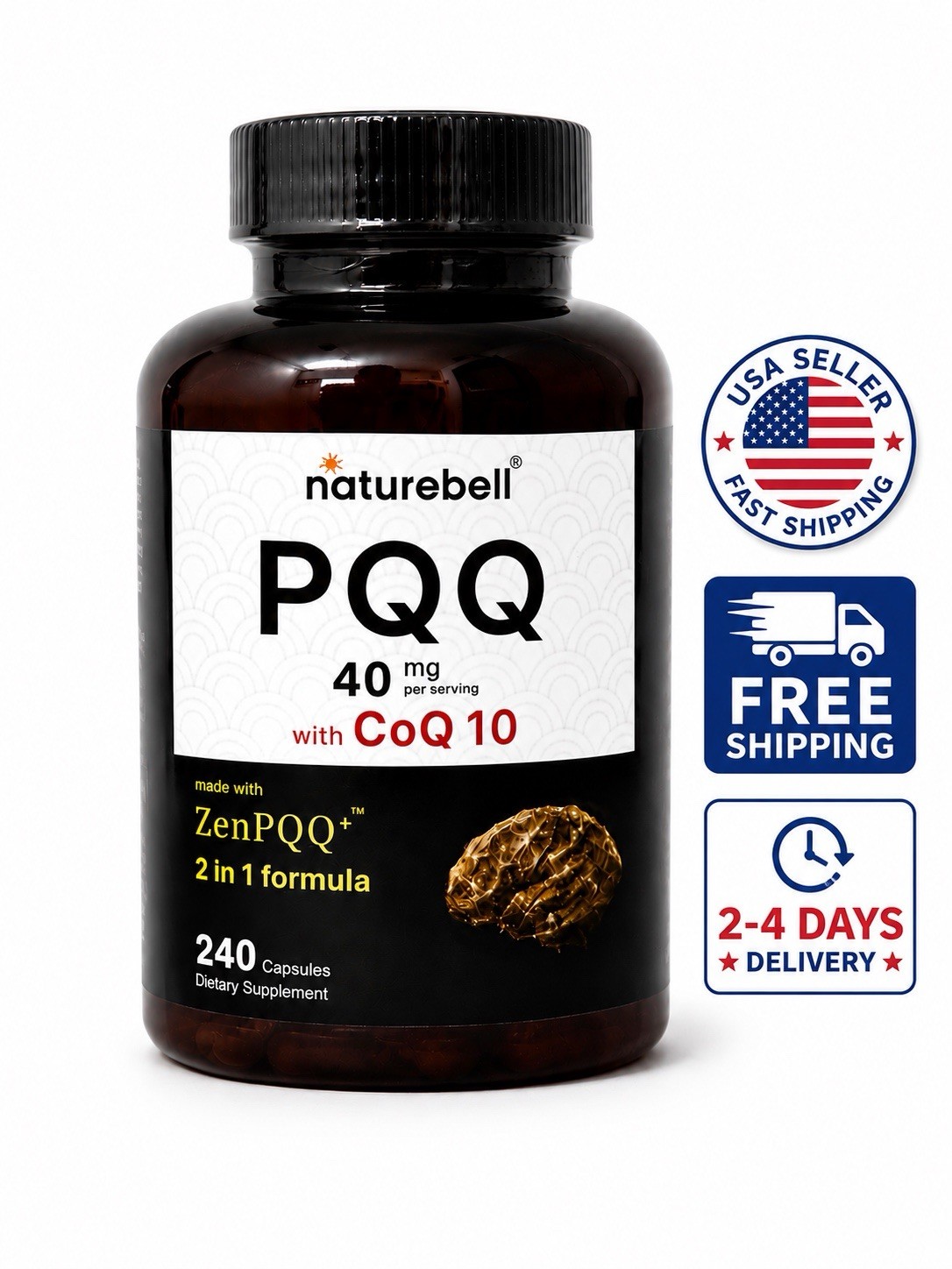 2-Pack NatureBell PQQ 40mg CoQ10 240 Capsules ZenPQQ Energy Focus Support