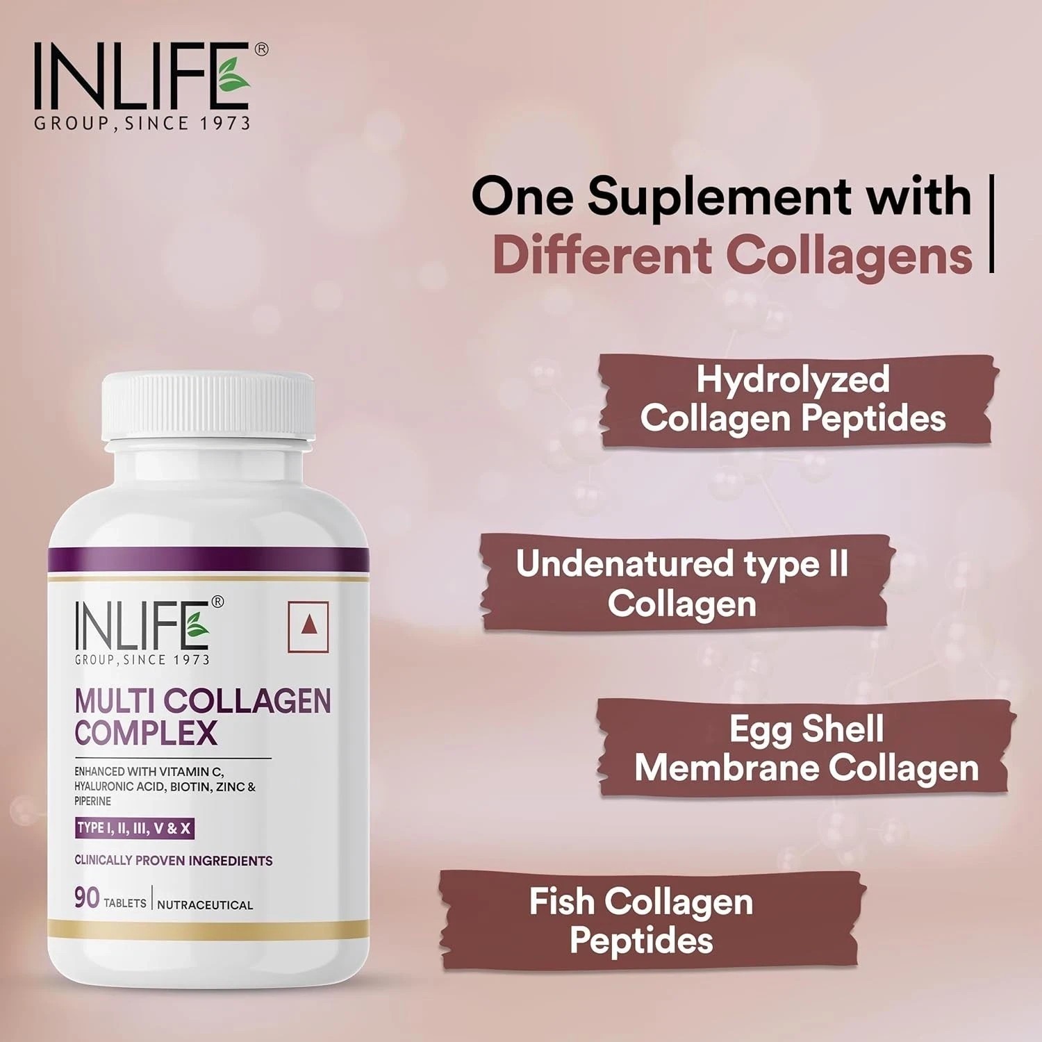 INLIFE Multi Collagen Complex Tablets | 5 Types Peptides – 90 Tab