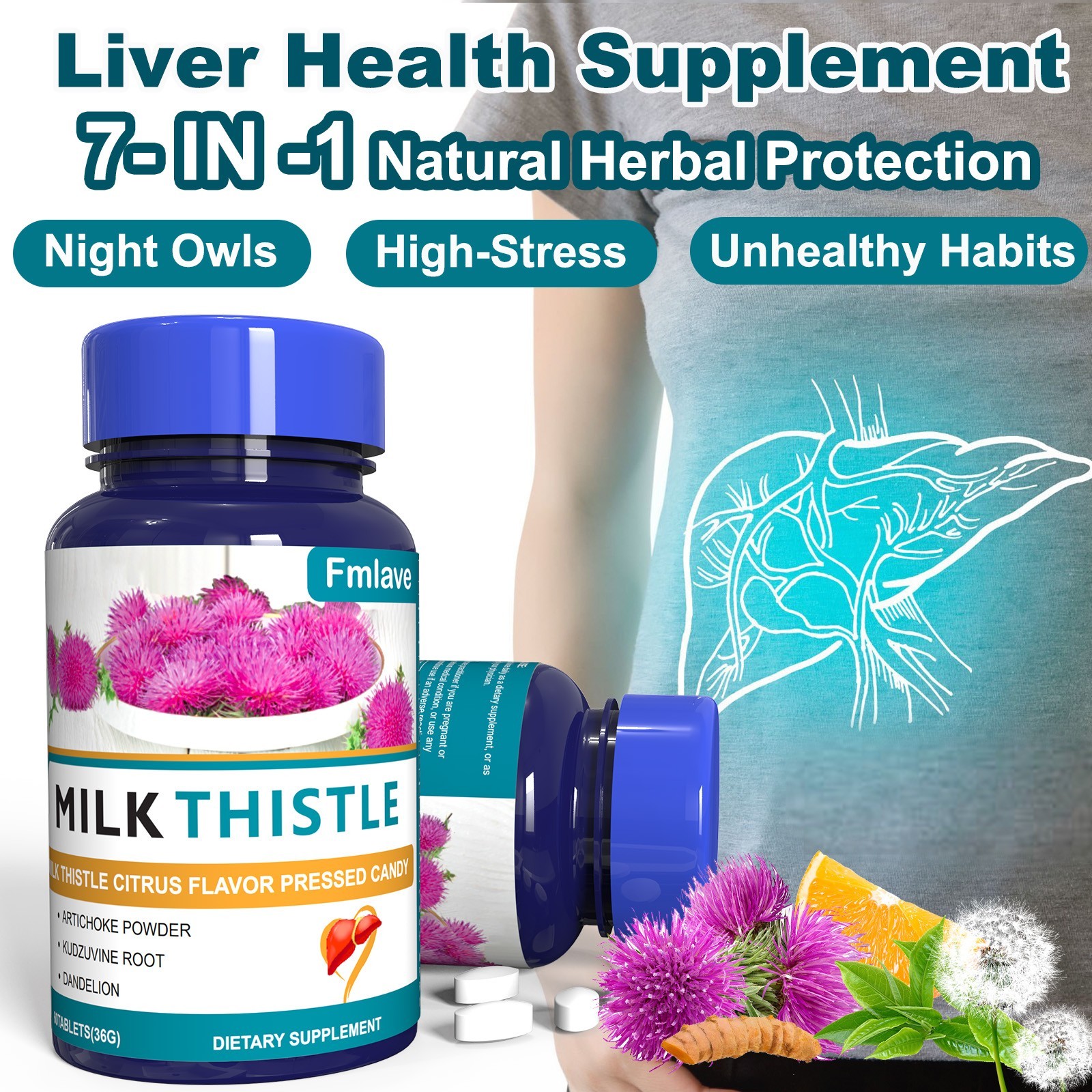 Milk Thistle Liver Support Supplement Herbal with Silymarin Dandelion Root 60ct