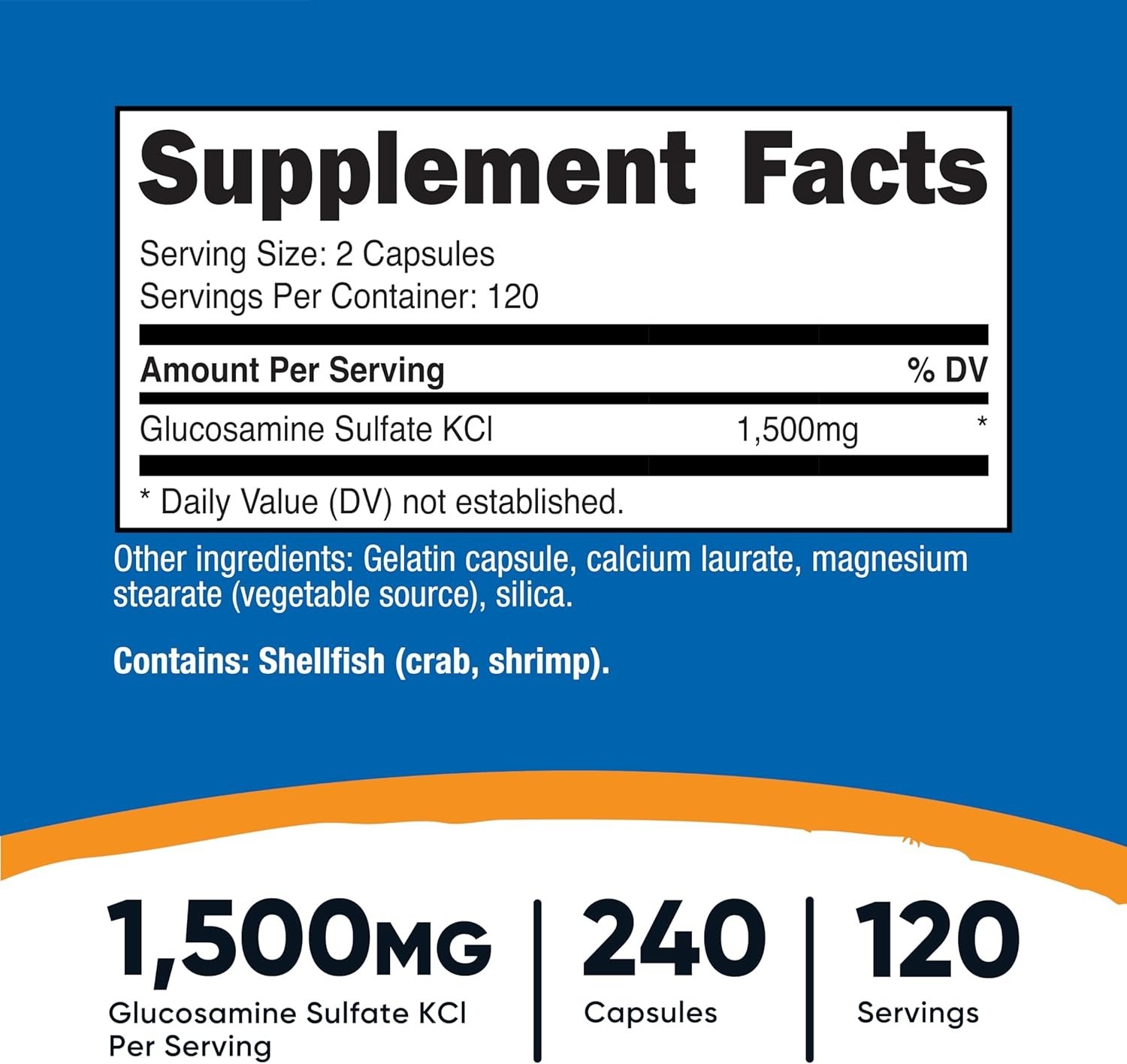 Cápsulas Glucosamine Sulfate 1500mg Sin Gluten Para Adult Apoyo Conjunto 240Ct