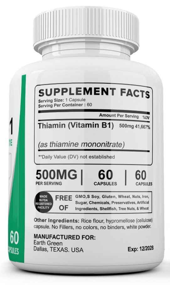 360 Capsules Vitamin B1 (Thiamin) 500mg, Gluten Free & Non-GMO 6 Bottles USA