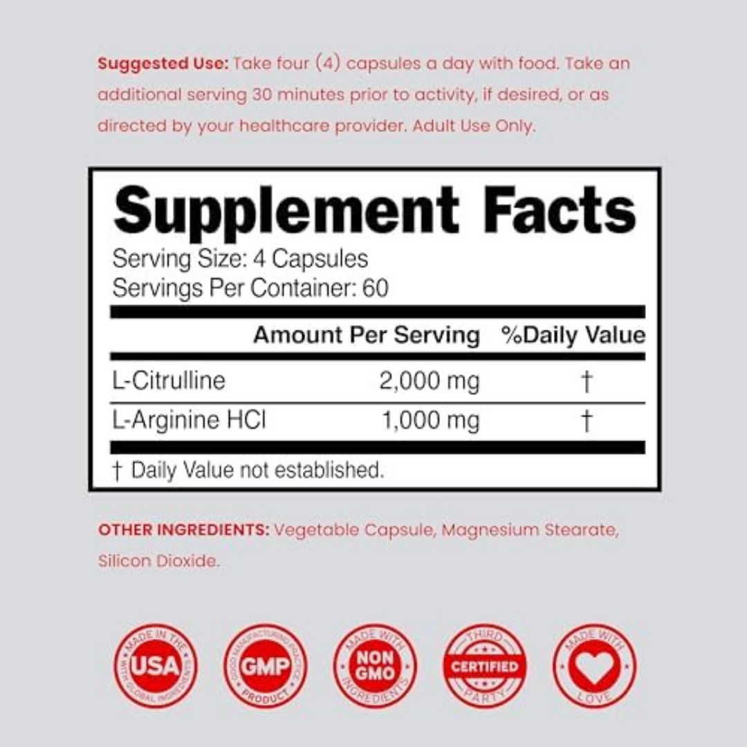 L-Arginine 1000mg L-Citrulline 3000mg 240Caps Amino Acid Non GMO/Gluten Free
