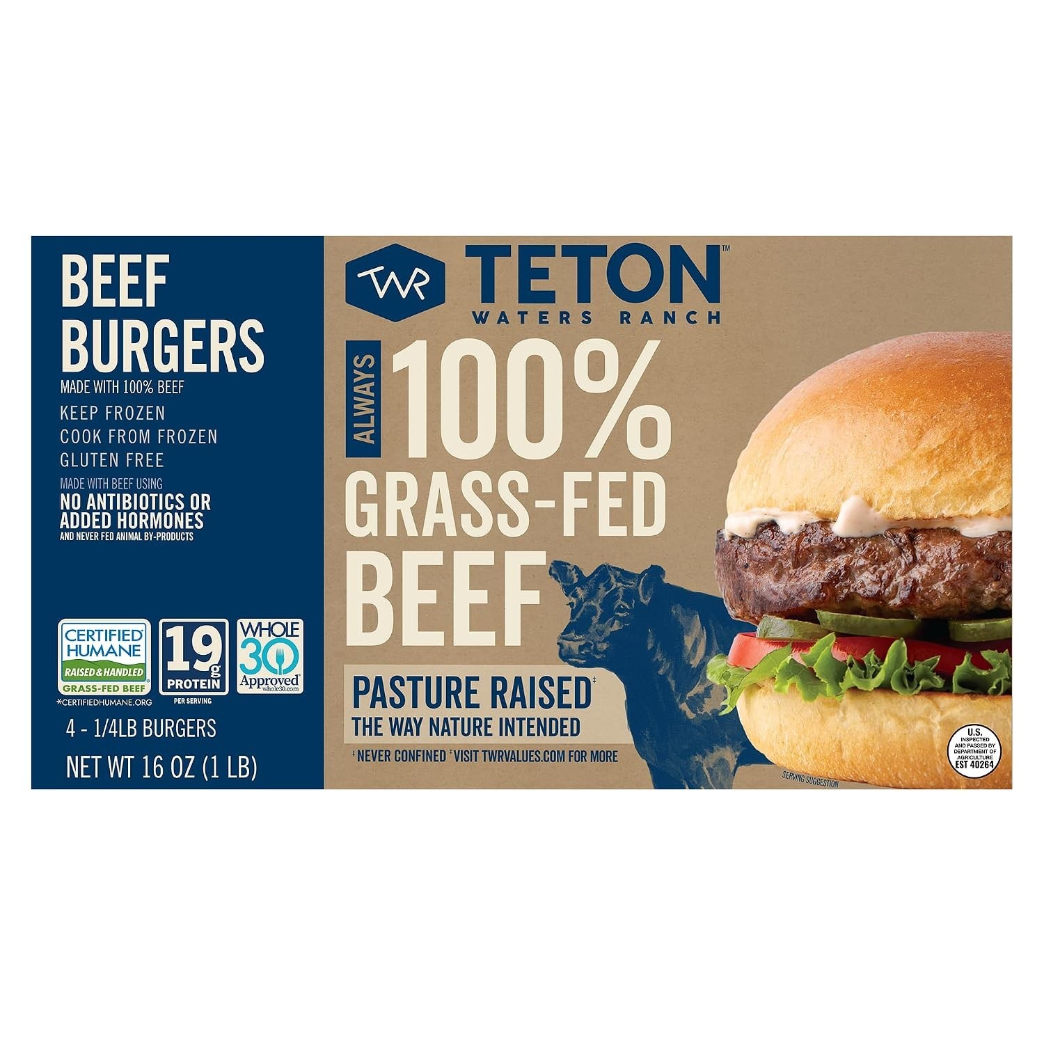Convenient 100% Grass-Fed Beef Burgers, Frozen, Gluten Free, 4 Patties, 16 oz