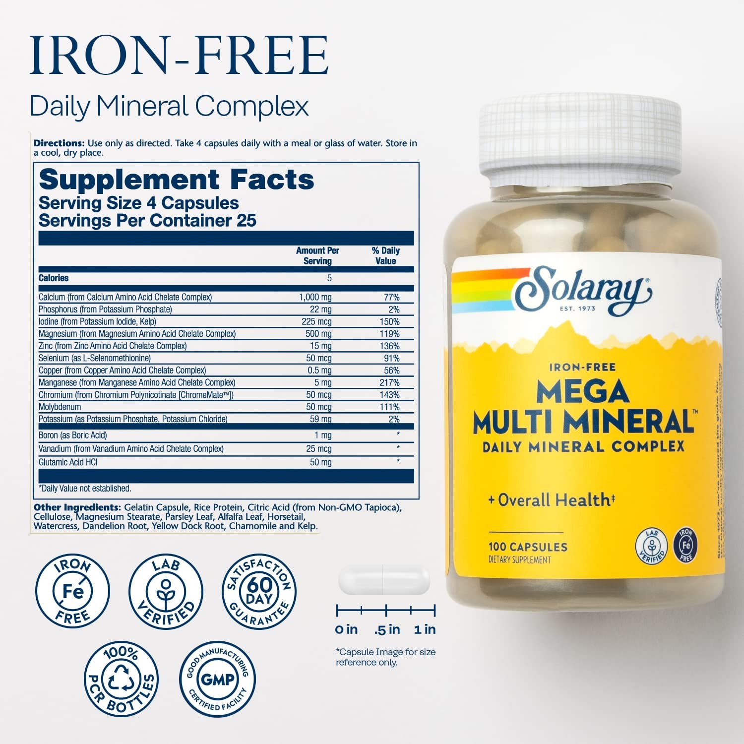 SOLARAY Mega Multi Mineral, Iron Free – Daily 100 Count (Pack of 1), No Color