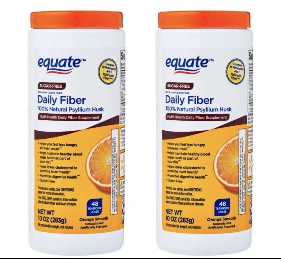 Equate Daily Fiber Psyllium Husk Powder Sugar-Free Orange Smooth 10 oz 2 pack