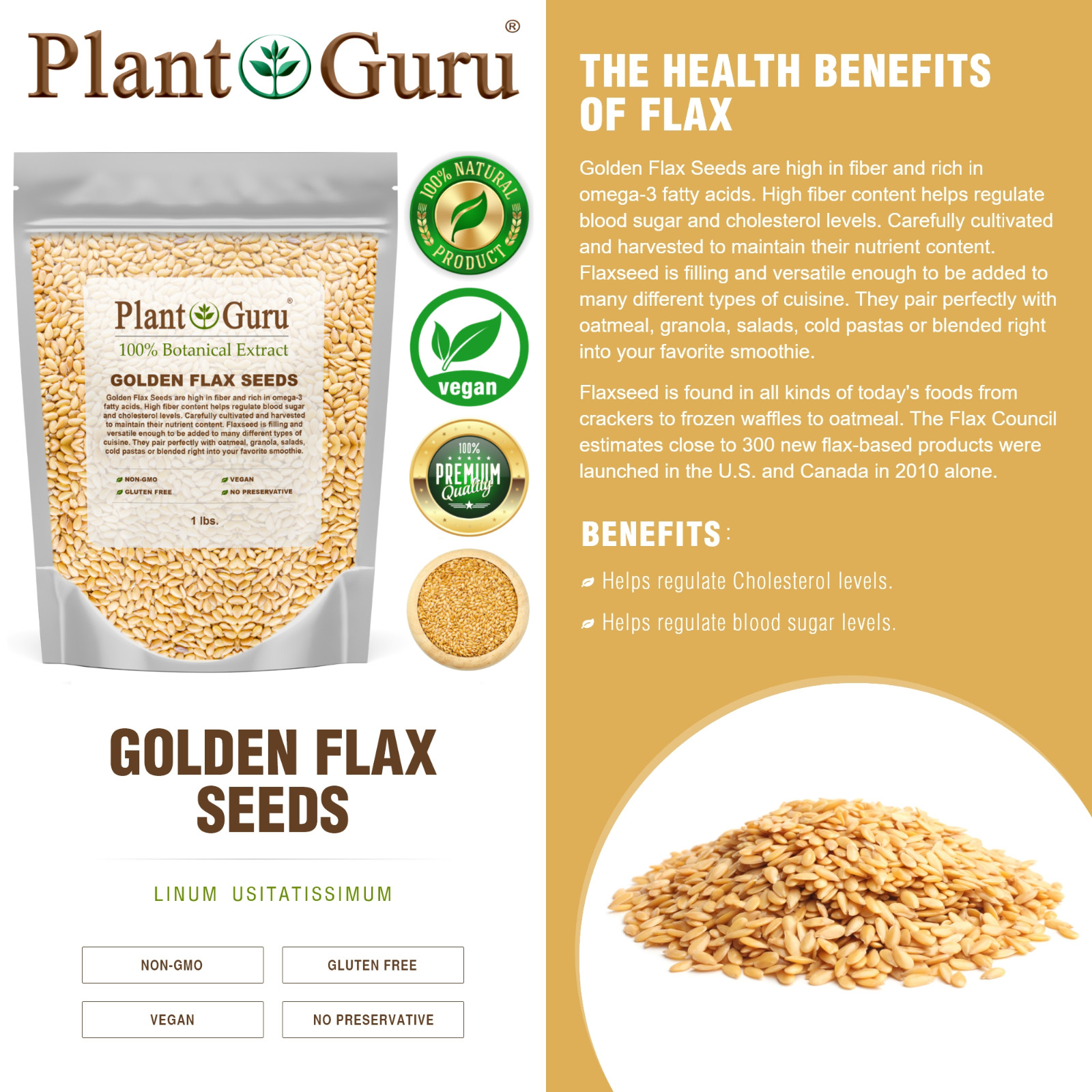 Golden Flax Seeds Whole Grain Seed Flaxseed NON GMO Linseed 1 oz to 20 lbs. Bulk