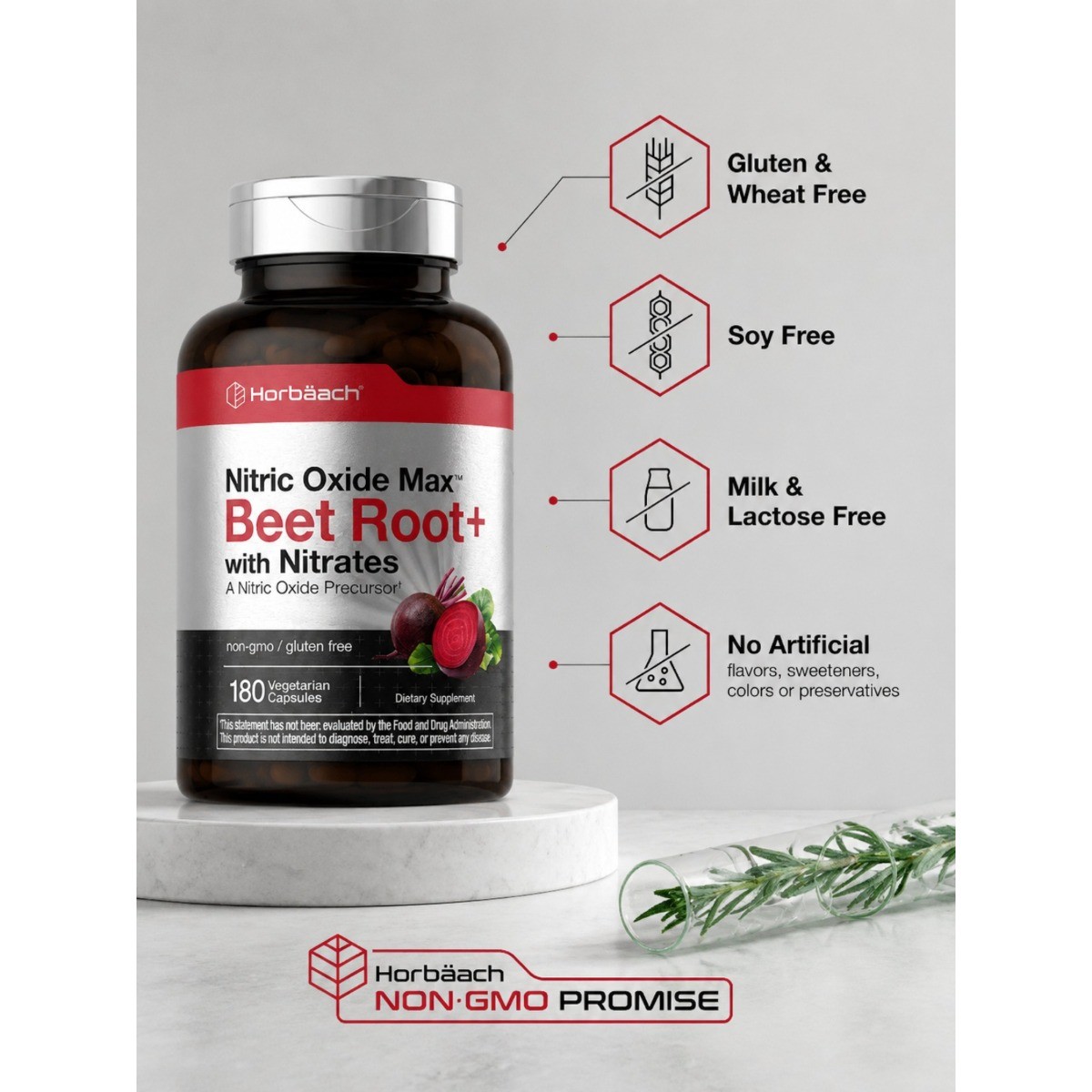 Nitric Oxide Max Beet Root+ with Nitrates–Non-GMO, Gluten-Free, 180 Veg Capsules