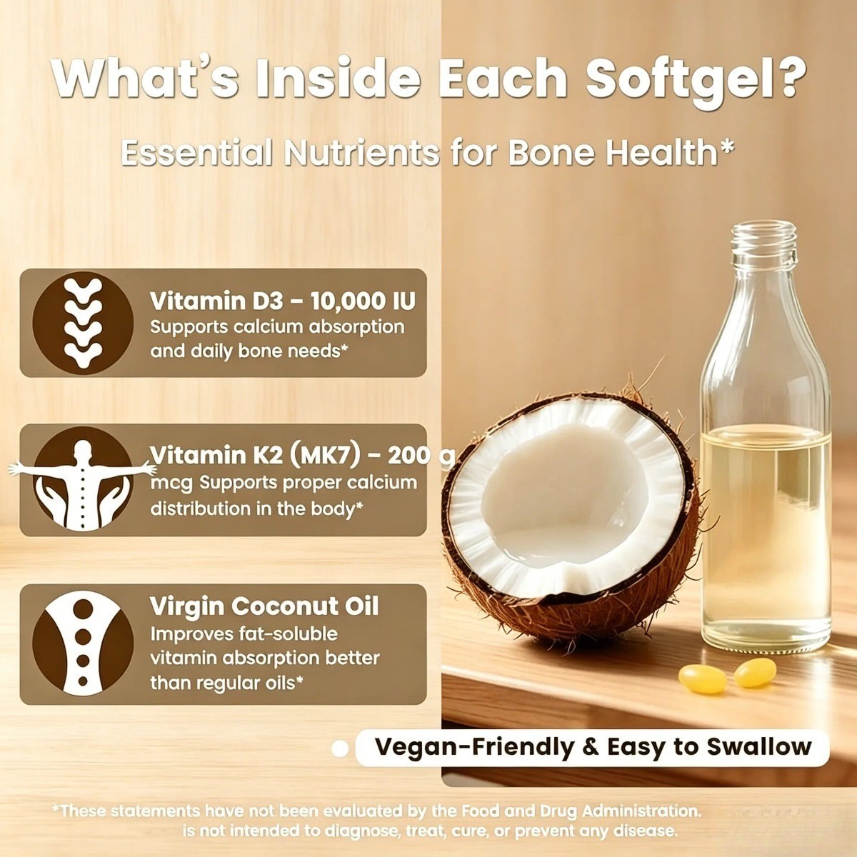 VEV Vitamin D3 K2 10000 IU – 2-in-1 with Coconut Oil for Bone & Heart Health