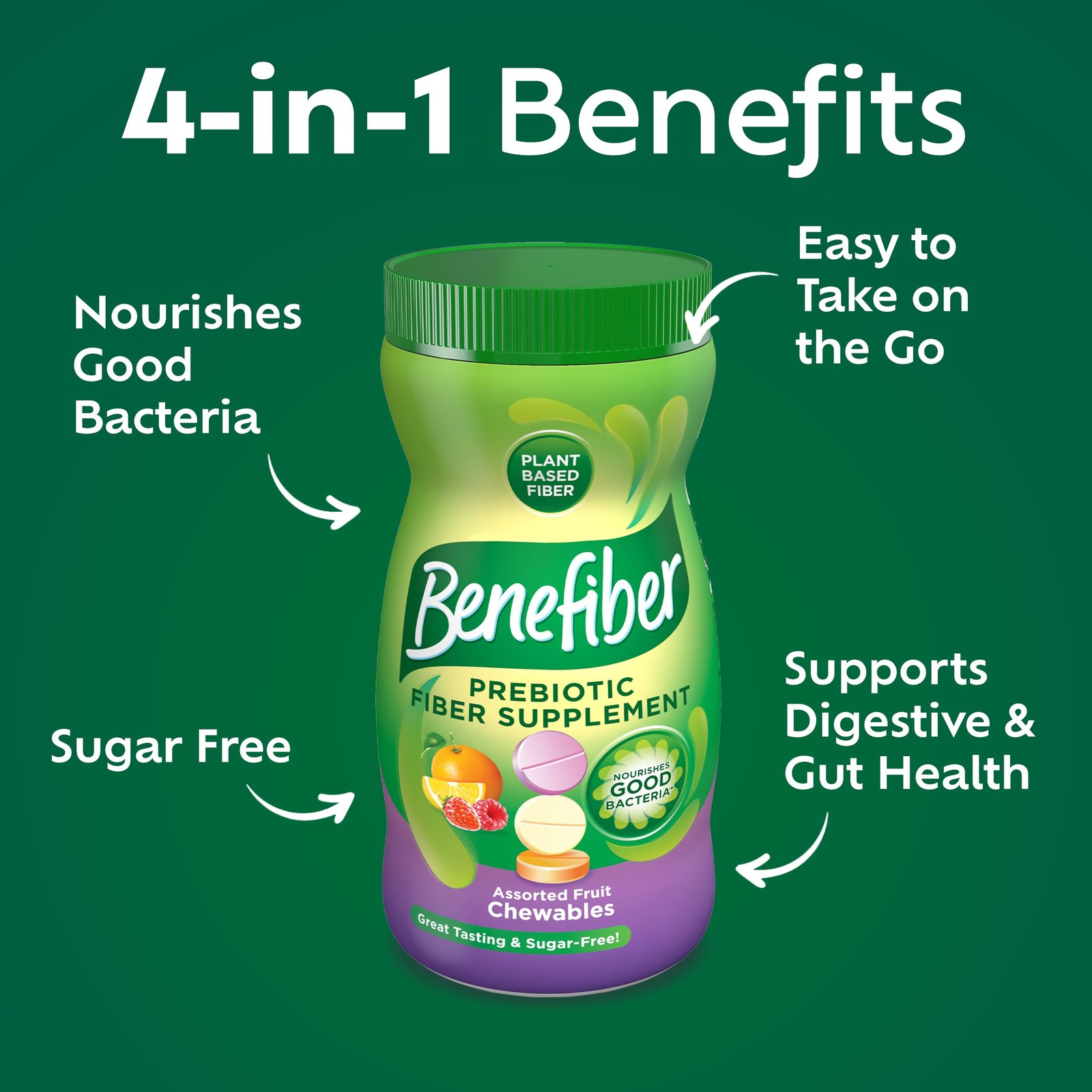 Benefiber Chewable Prebiotic Fiber 100 Count (Pack of 1), Asst. Fruit