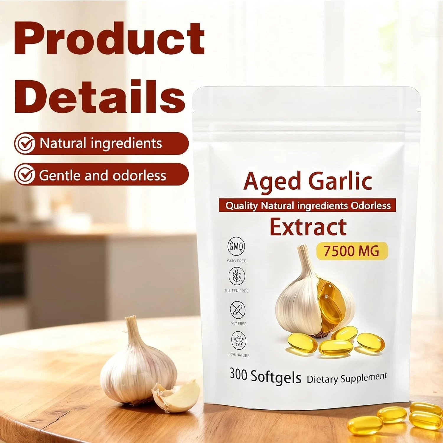 Odorless Garlic 7500mg Per Servings, 300 Softgels | 2 Years Aged Garlic Extra