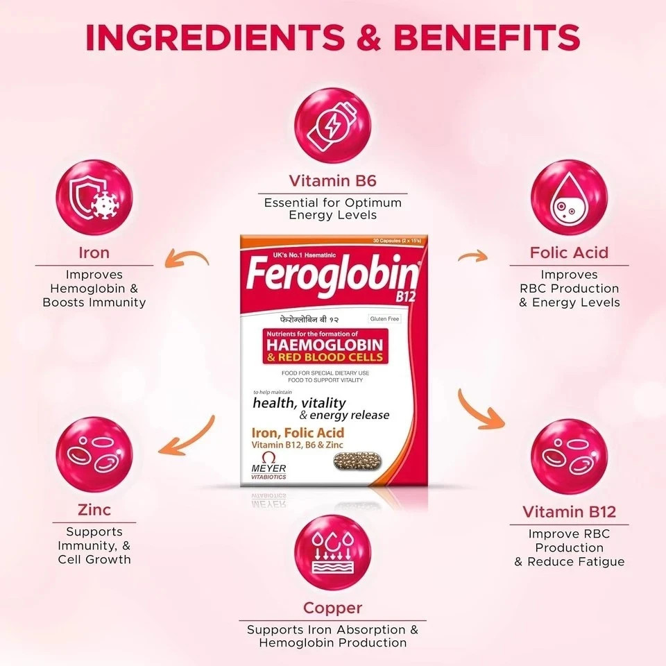 3 x Feroglobin B12 Capsules 30 Iron Folic Acid B6 B12 Zinc Hemoglobin Support