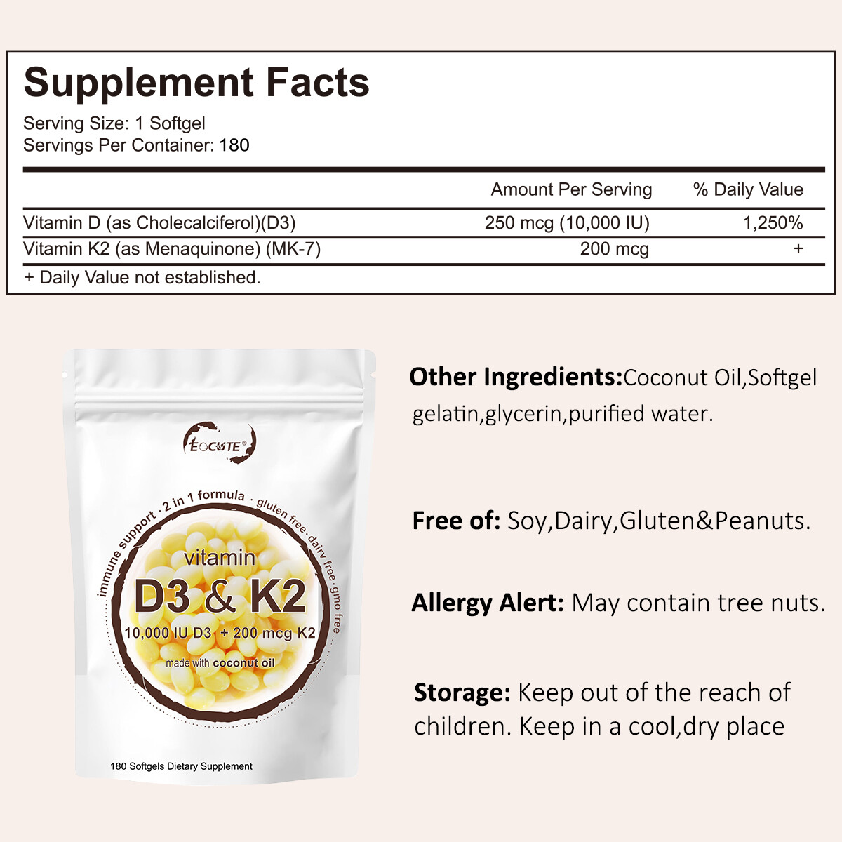 Vitamin D3 10000 iu Plus K2 (MK-7) 200 mcg coconut oil soft 180/300 capsules US