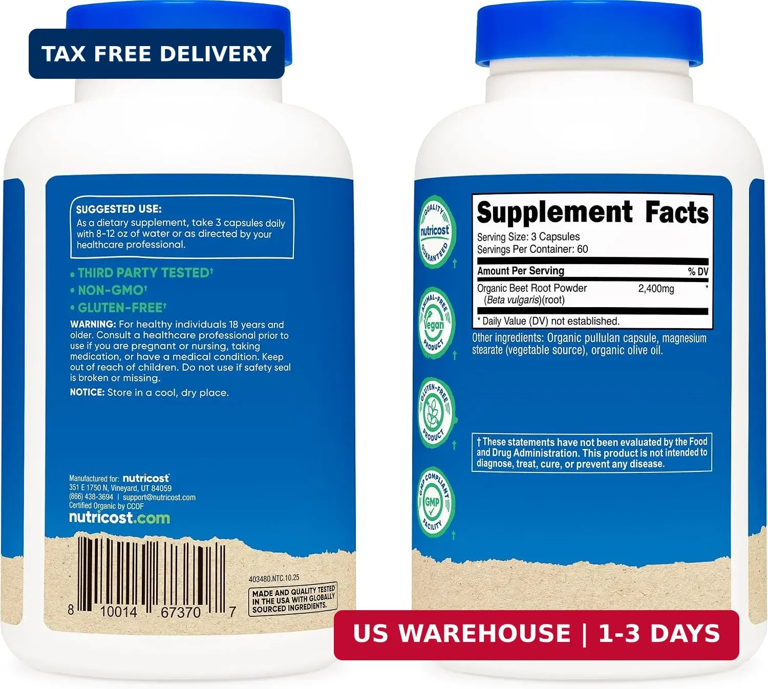 Nutricost Beet Root 2400mg, 180 Capsules – CCOF 180 Count (Pack of 1)