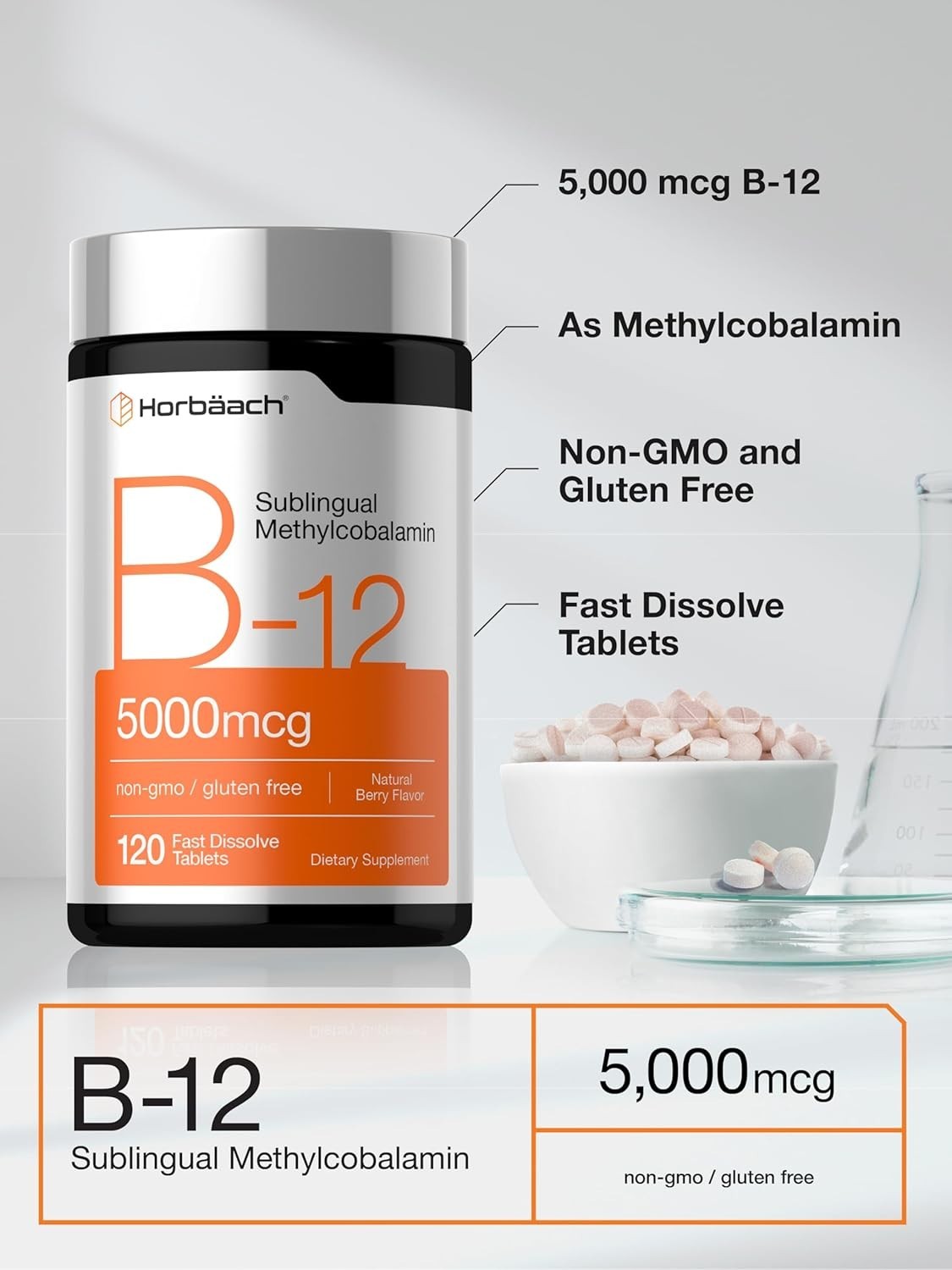 Horbaach B12 5000mcg Sublingual Methylcobalamin 120 Tablets Vegan Berry