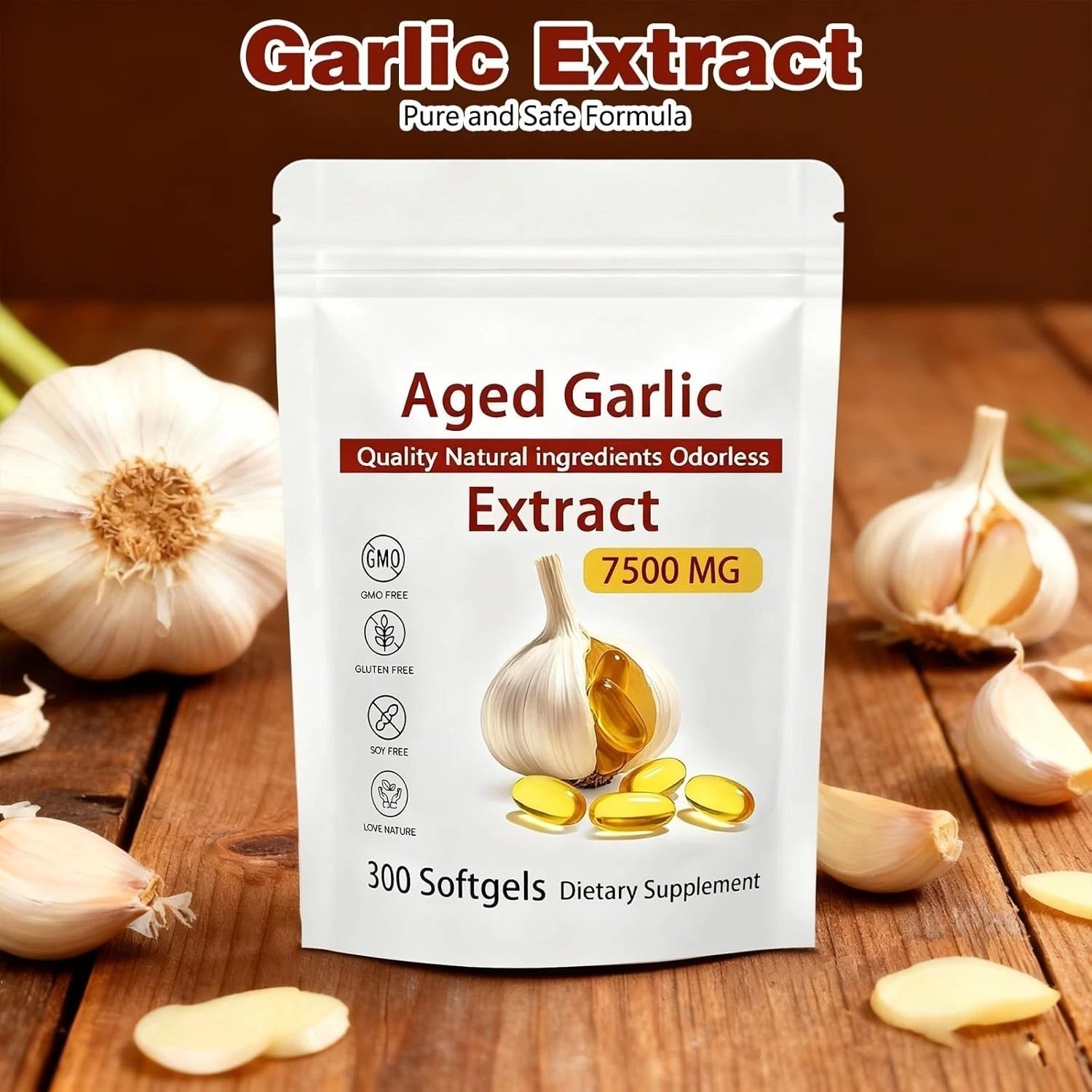 Odorless Garlic 7500mg Per Servings, 300 Softgels | 2 Years Aged Garlic Extra…