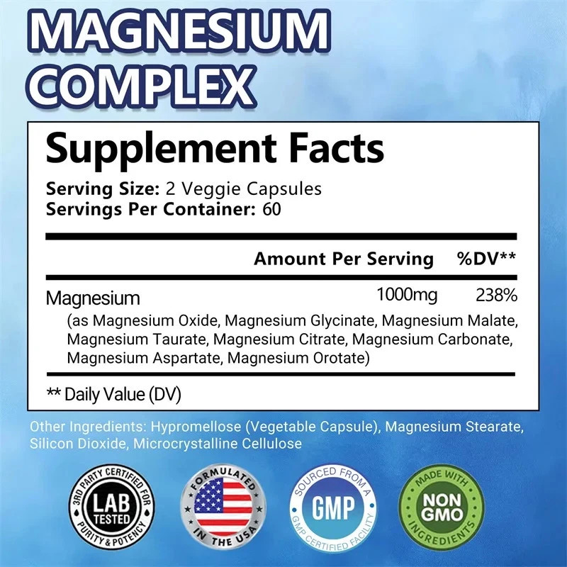 Magnesium complex supplement: 1000mg of 8-element magnesium, 180 capsules