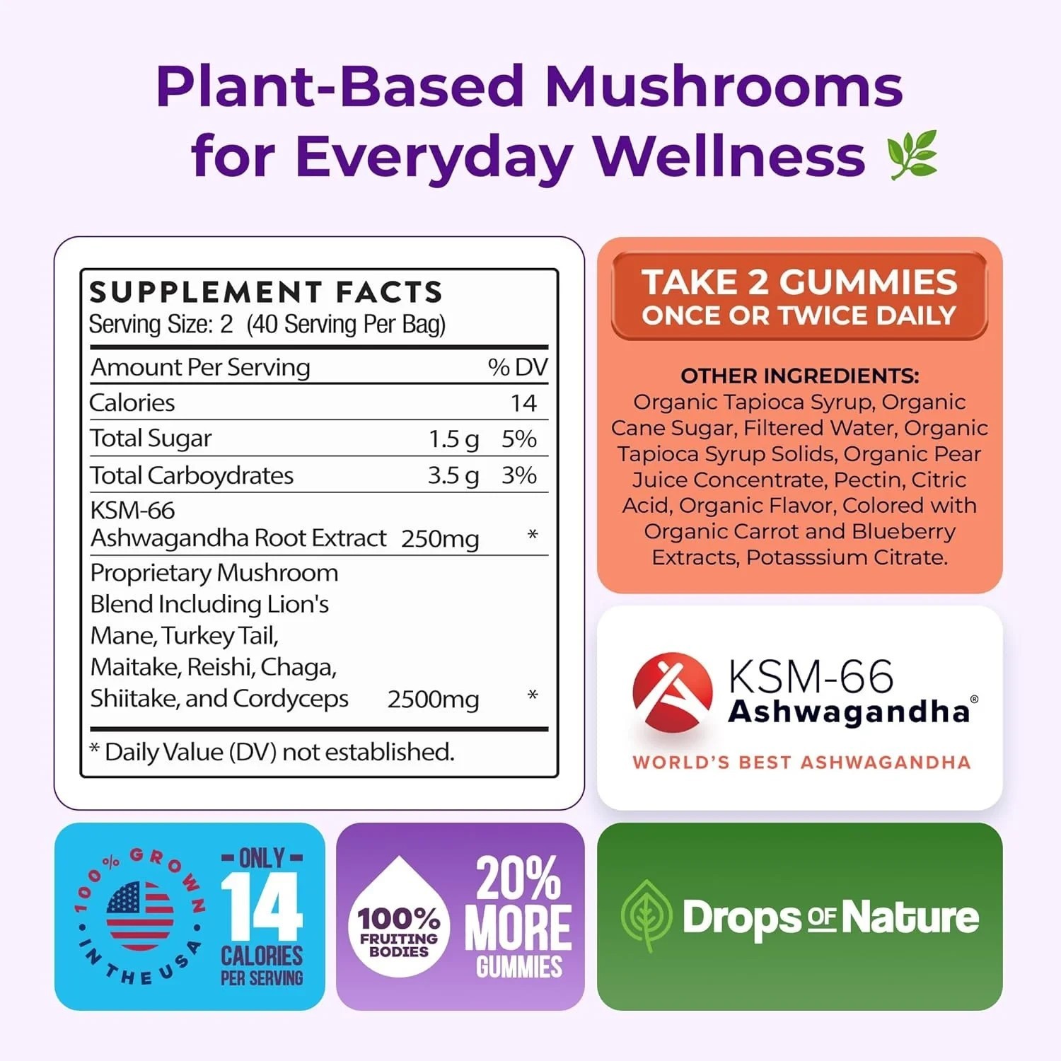 Drops of Nature Mushroom Gummies Lion’s Mane Ashwagandha 80ct Vegan EXP 02/27