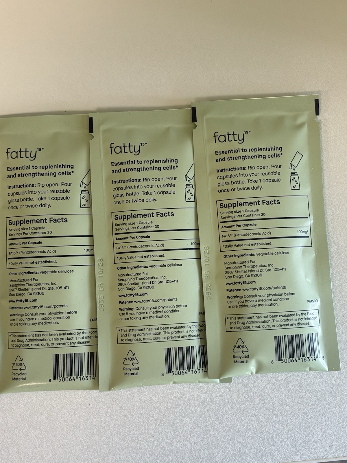 fatty15 Fatty acid supplement C15:0 3 Refill Pouches 30 Capsules Each Exp 10/28