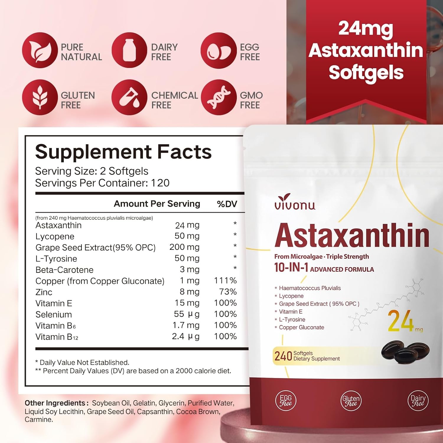10 in 1 Astaxanthin Supplements 24Mg, 4 Month Supply, Astaxantina Antioxidant fr