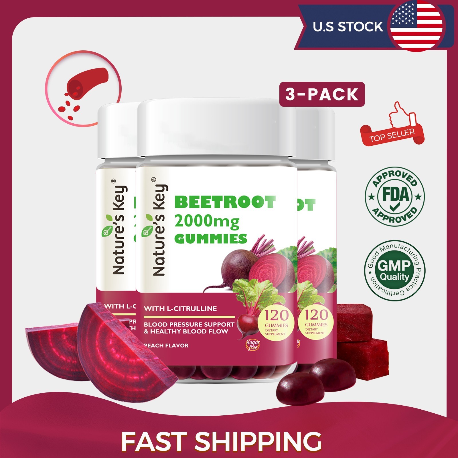 Beet Root Gummies 2000mg Vegan, Non-GMO, and Gluten Free Peach Flavor Sugar-Free