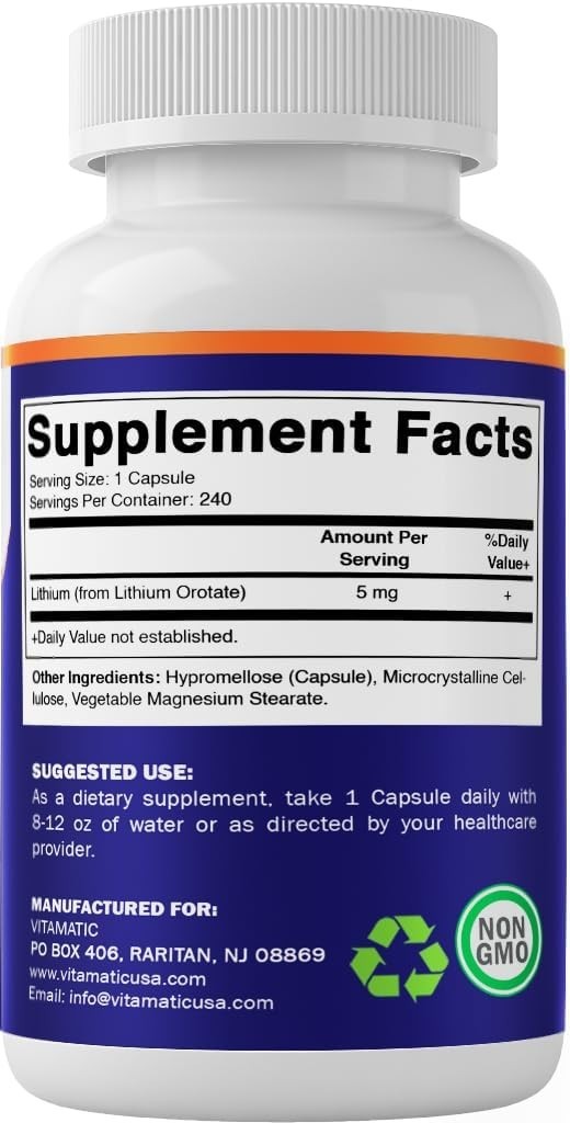 Vitamatic Lithium Orotate 5mg, 240 Veggie Capsules, Non-GMO, Gluten Free!!!