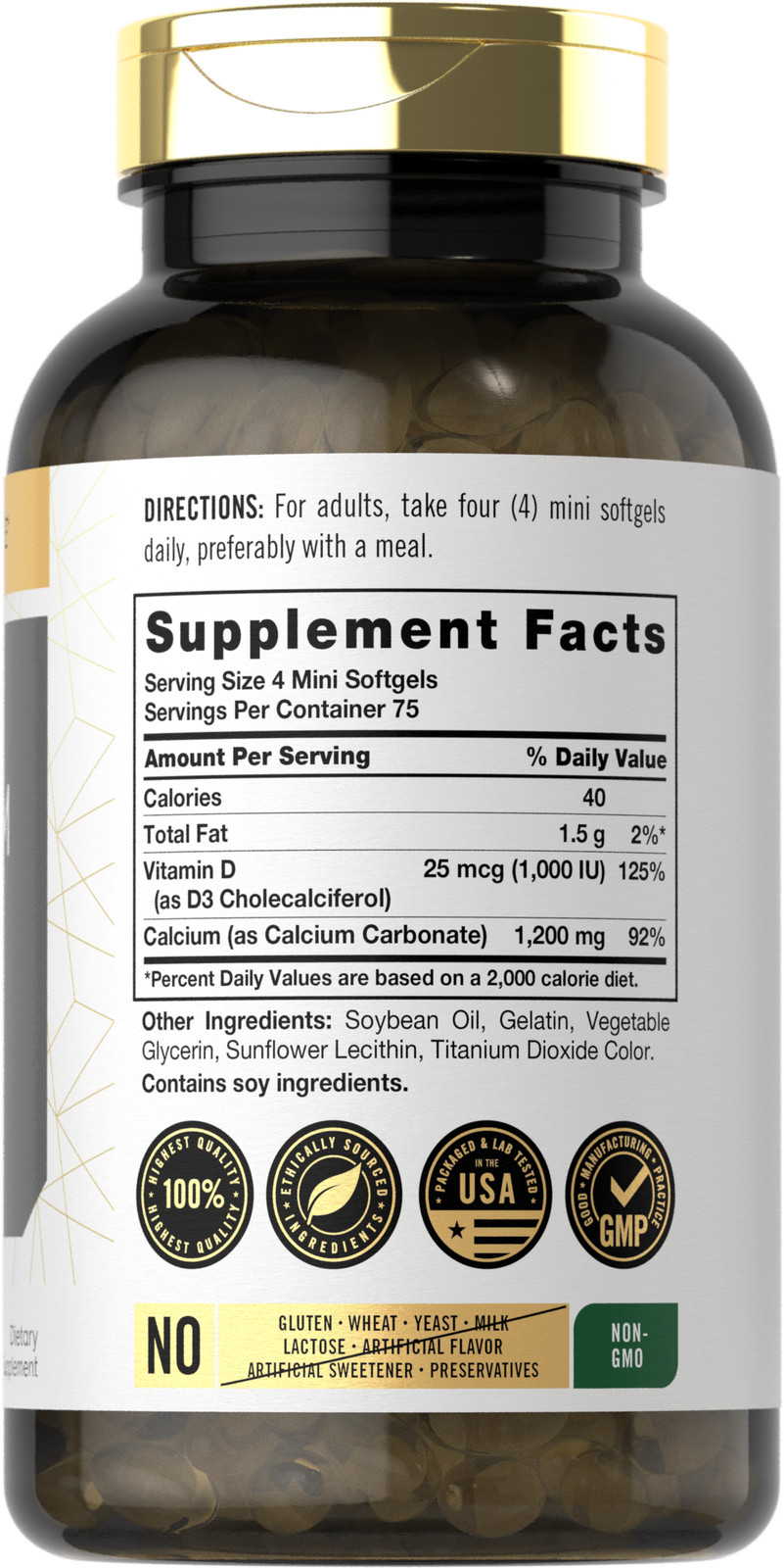 Calcium with Vitamin D3 | 1200mg | 300 Mini Softgels | Non-GMO | by Carlyle