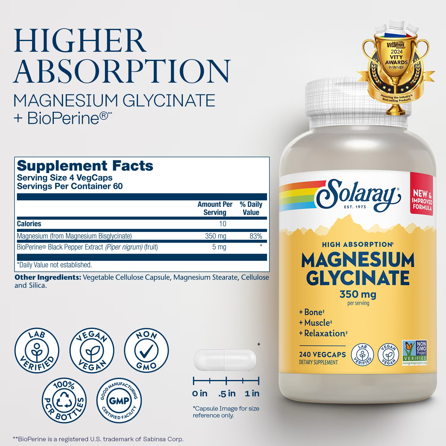 Magnesium Glycinate with BioPerine 240 VegCaps 60 Servings