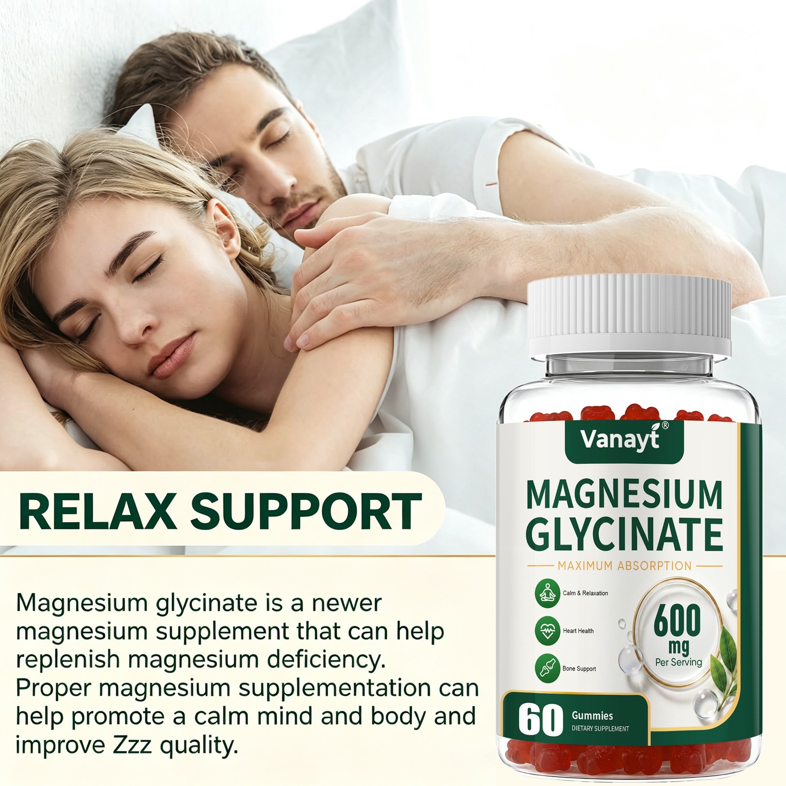 2x Magnesium Glycinate 600mg Advanced Complex 60 Gummy Gluten Free & Non-GMO