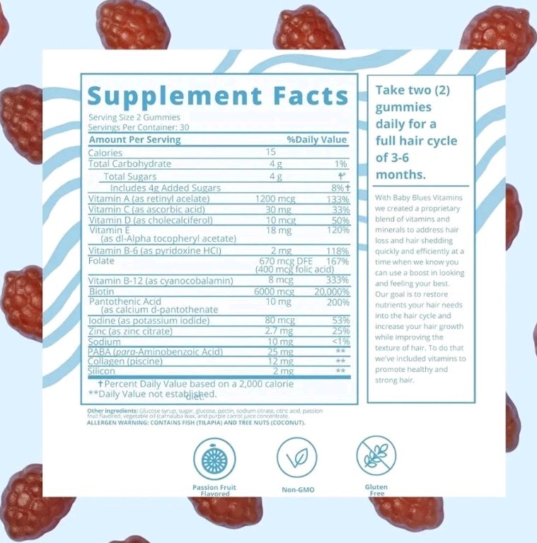 Baby Blues Postpartum Hair Loss Vitamins Passion Fruit Gummies Biotin Collagen