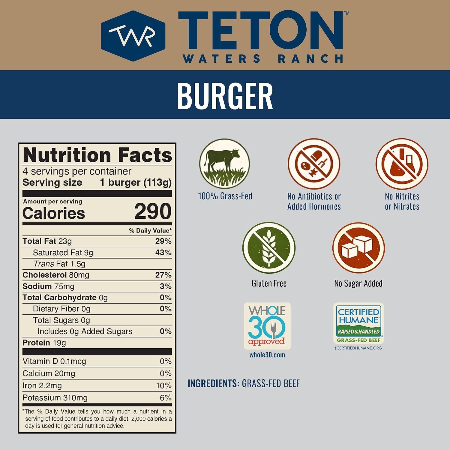 Convenient 100% Grass-Fed Beef Burgers, Frozen, Gluten Free, 4 Patties, 16 oz