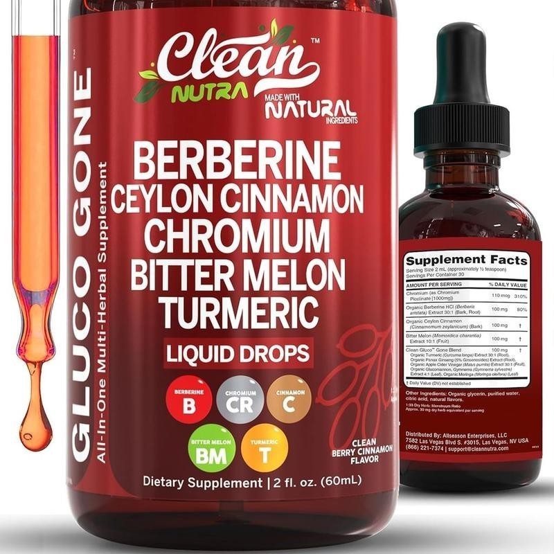 2Pack Clean Nutra Berberine with Ceylon Cinnamon Supplement Liquid Drops