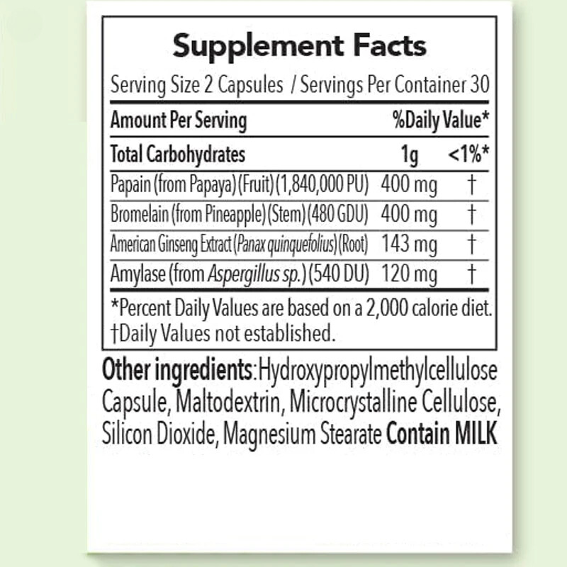 Digestive Support Papain, American Ginseng, Bromelain 60 Capsules