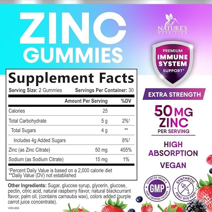 Zinc Gummies 50mg – Bone Skin & Immune Support Health Gummy, Premium Antioxidant
