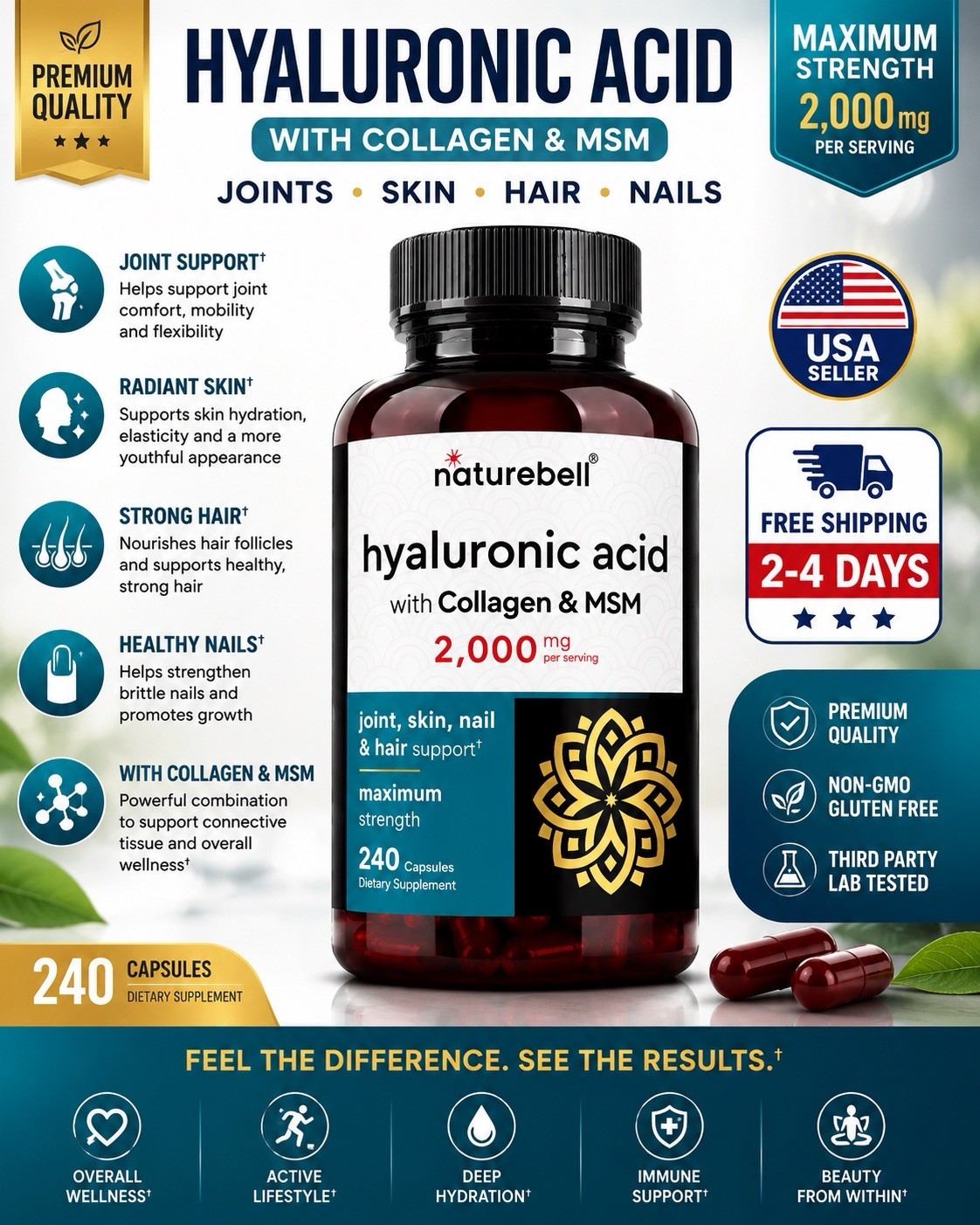 NatureBell Hyaluronic Acid 2000mg Collagen MSM 240 Caps Skin Hair Joint