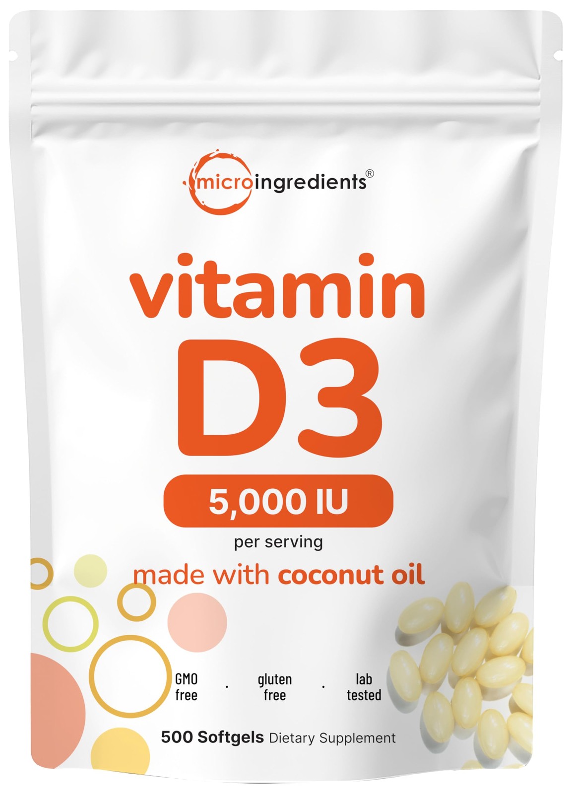 Vitamin D3 5000IU with Coconut Oil Supports Bone Immune Heart Health 500 SOFTGEL