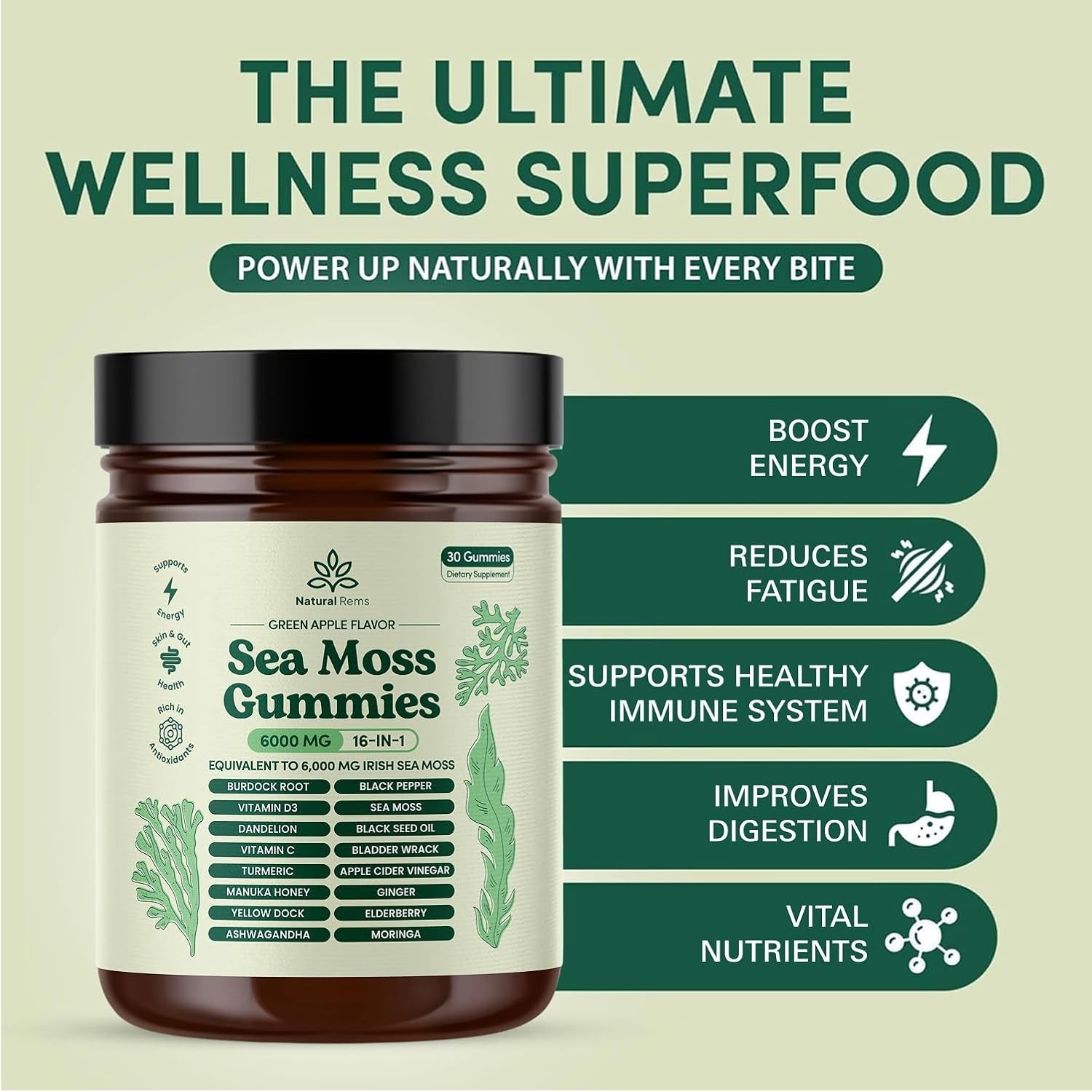Natural Rems Sea Moss Gummies 16-in-1 – Ashwagandha Black Seed Oil Bladder Wrack