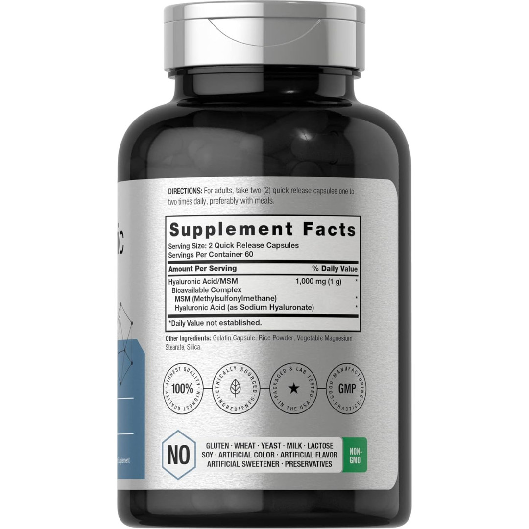 Hyaluronic Acid with MSM | 1000 mg | 120 Capsules | Non-GMO |Free Shipping