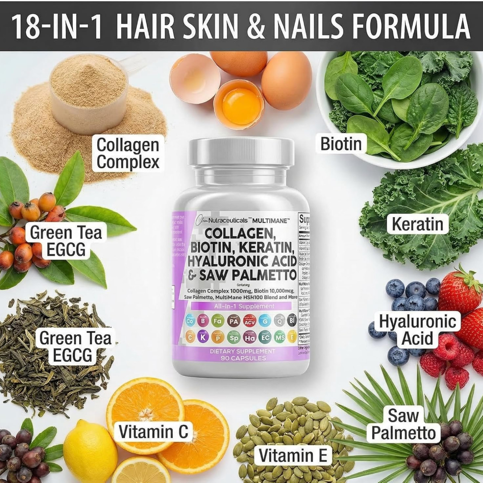 Collagen Pills Biotin Keratin Saw Palmetto Hyaluronic Acid – Hair Skin and Na…