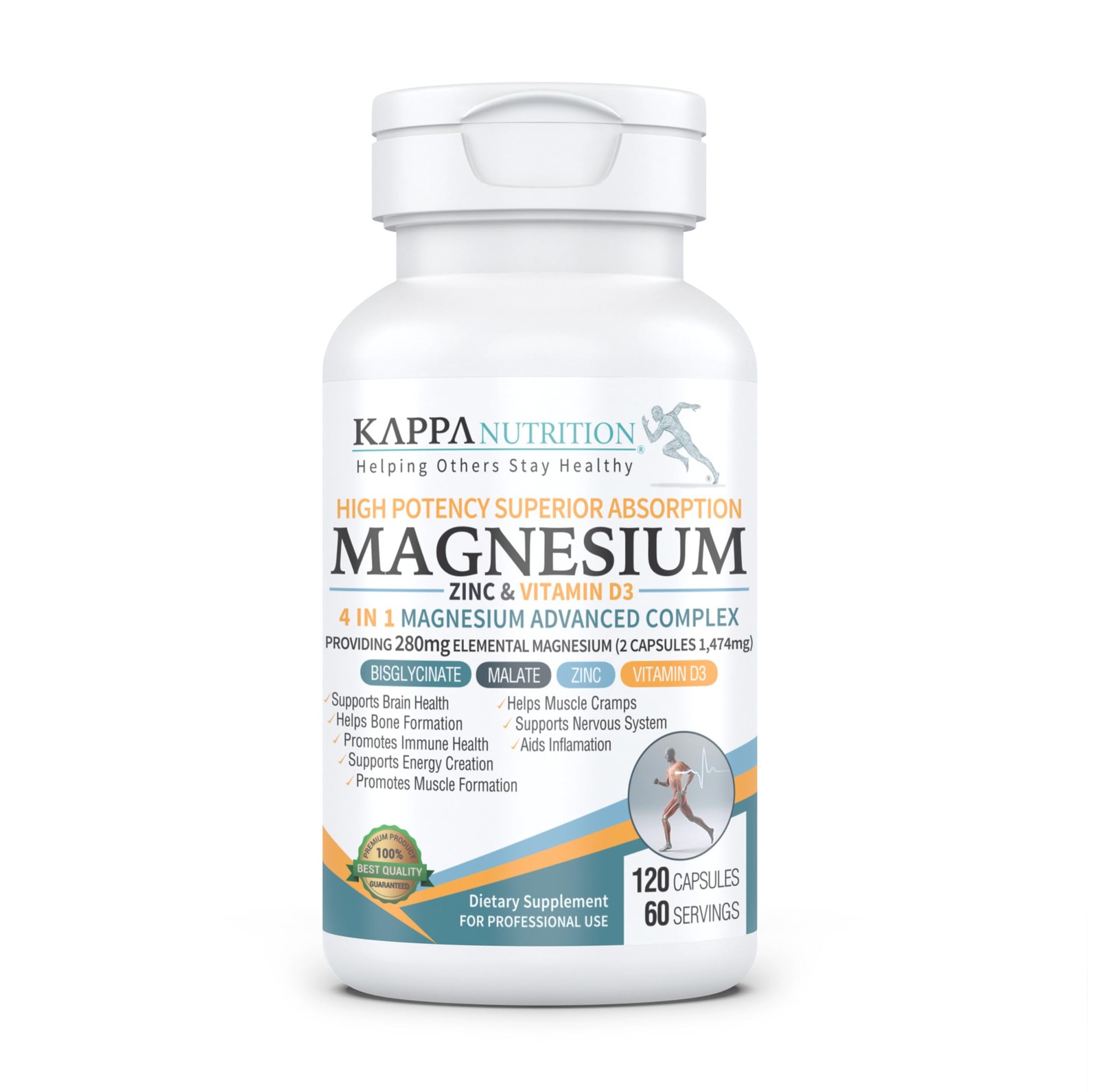 Kappa Nutrition Magnesium 4-in-1, 280mg Elemental 120 Count (Pack of 1)