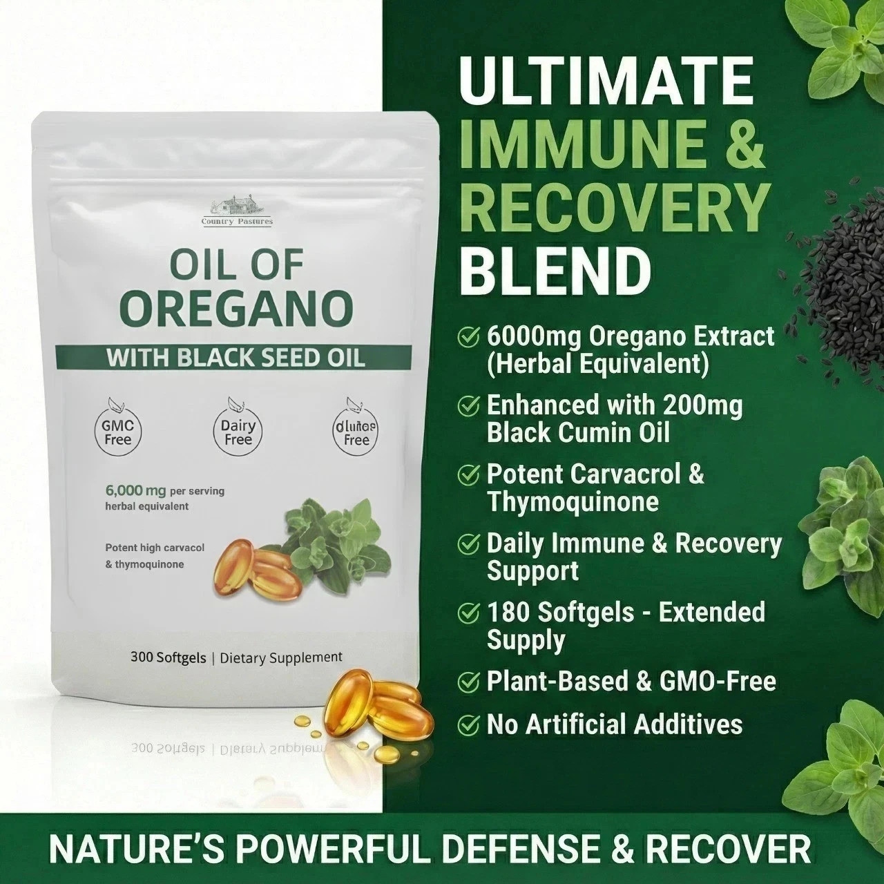 Oregano & Black Seed Oil 6000mg – 300 Softgels – New Herbal Supplement Capsules
