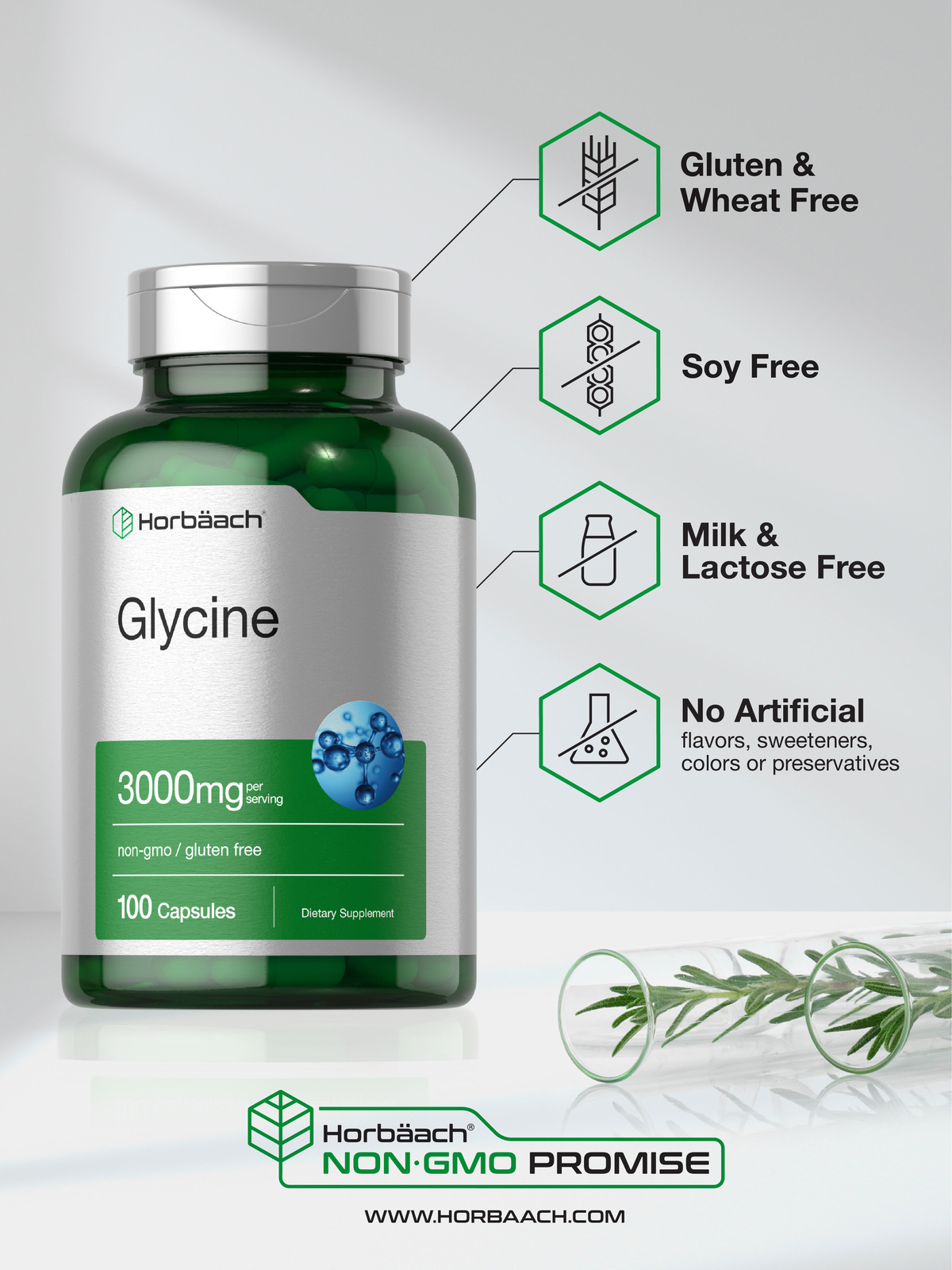 Glycine Capsules | 3000 mg | 100 Count | Non-GMO, Gluten Free | by Horbaach