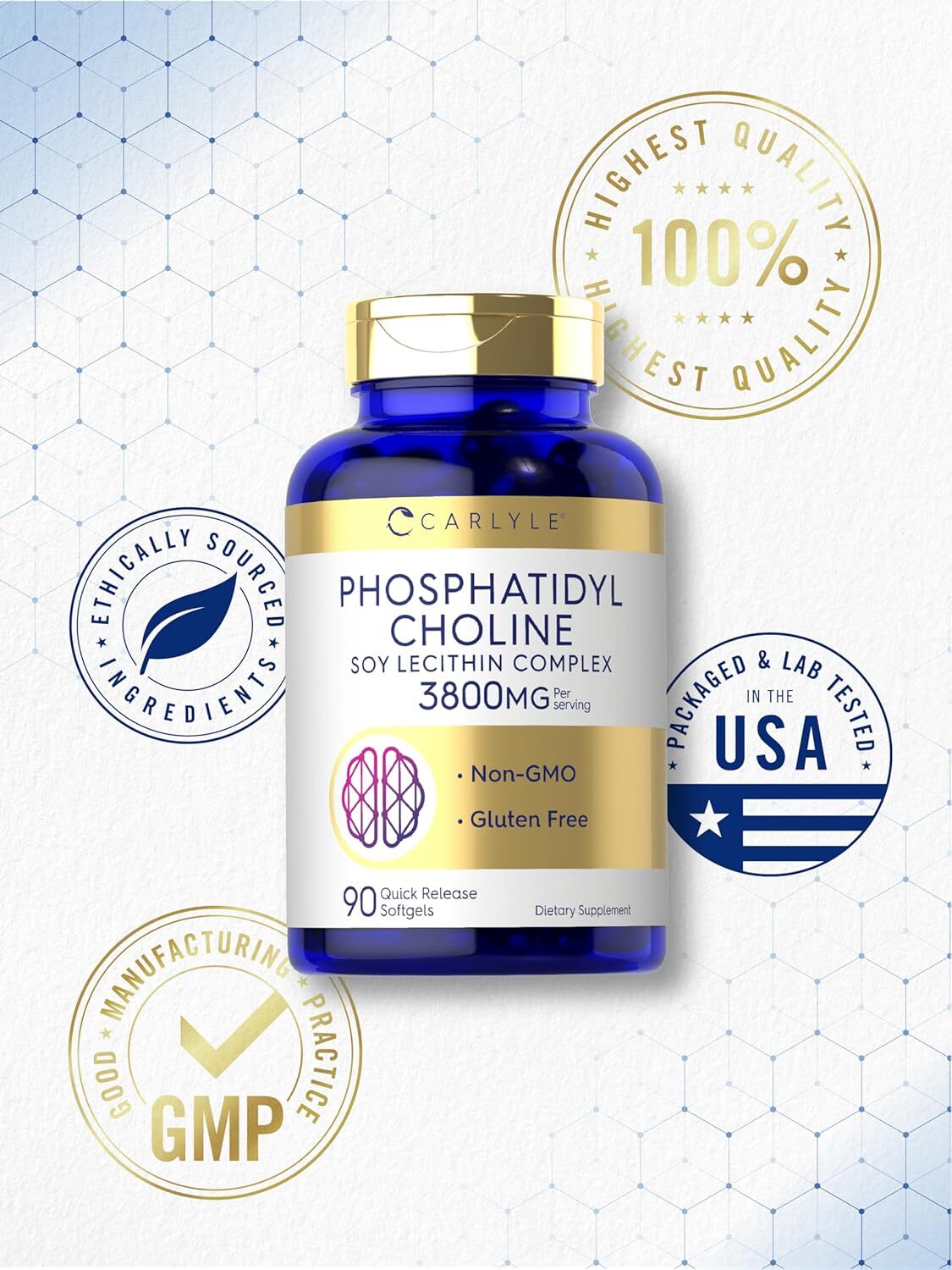 Phosphatidyl Choline 1,680mg | 90 Softgels | Non-GMO & Gluten Free | by Carlyle